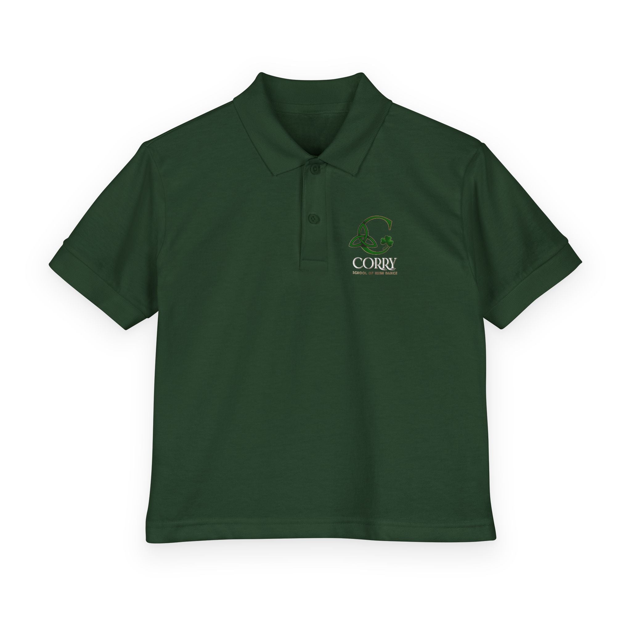 Green polo shirt with a small embroidered design on a white background