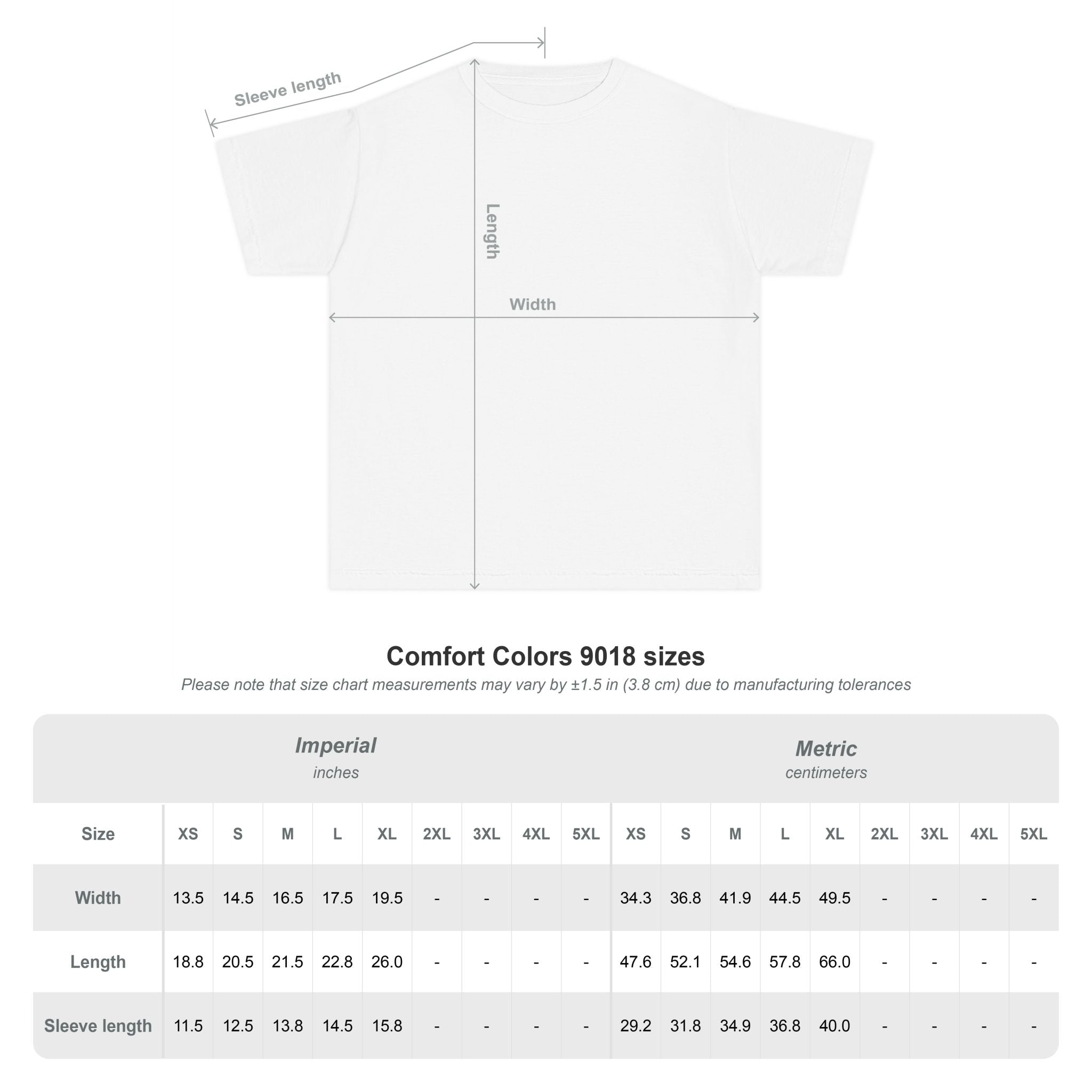 Measurement chart for a white t-shirt with dimensions labeled, including imperial and metric sizes.