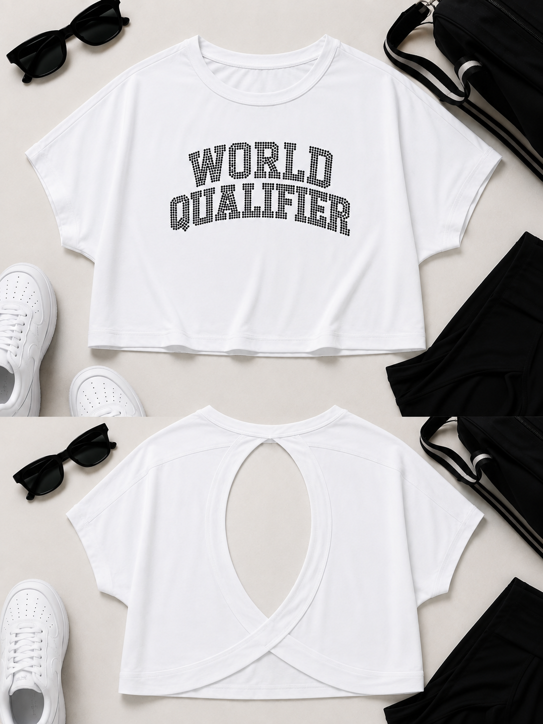 World Qualifier Rhinestone Oversized Open-Back Crop Tee