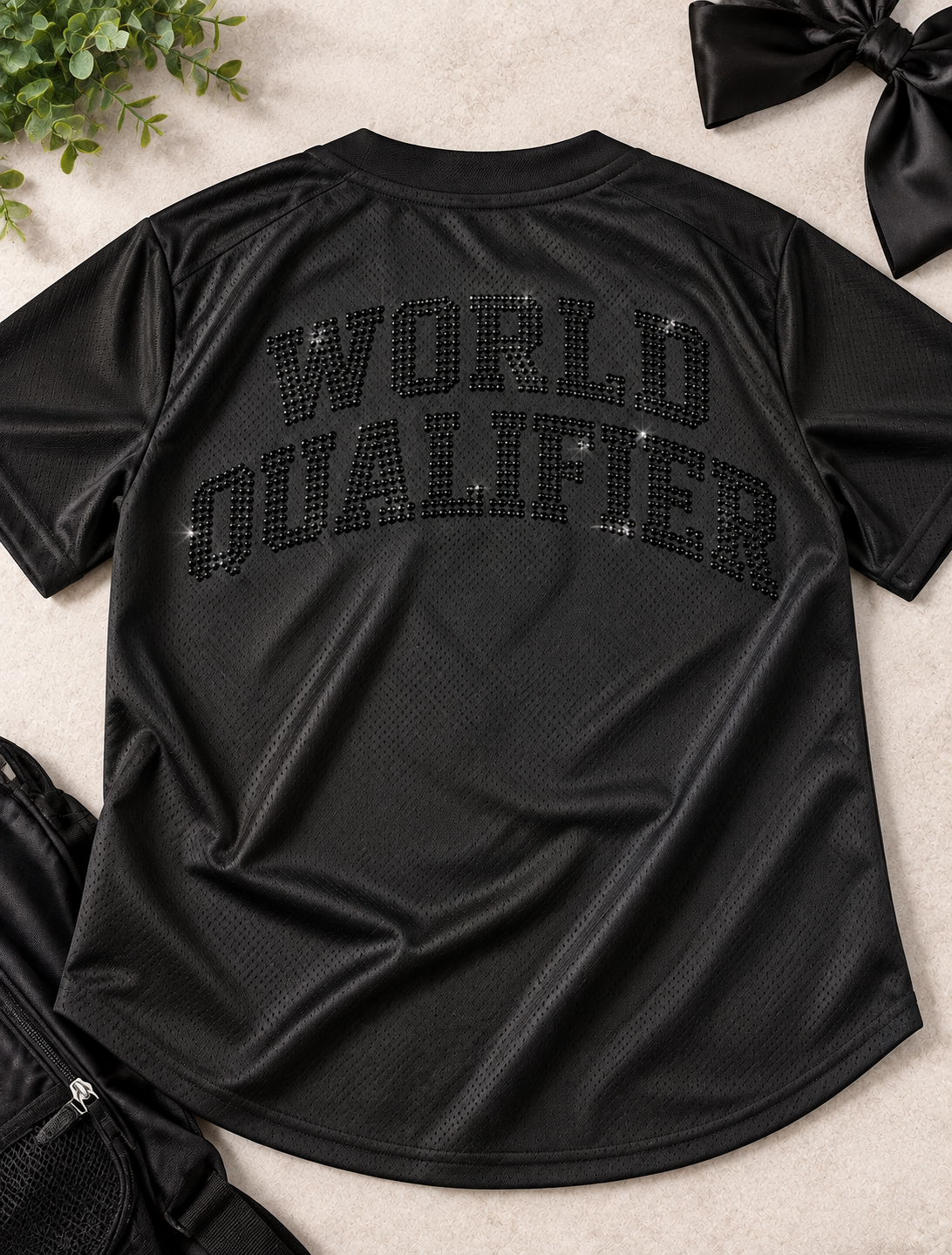 Black World Qualifier rhinestone baseball jersey – Irish dance competition apparel