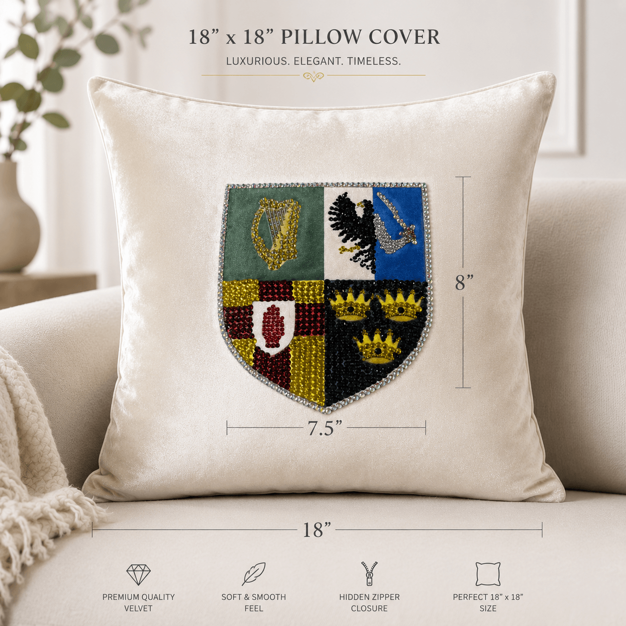 Irish velvet throw pillow with hand bedazzled four provinces crest design
Celtic home décor pillow cover with rhinestone Ireland shield artwork
Luxury ivory velvet Irish pillow cover with sparkling handmade embellishments
Four Provinces of Ireland decorative pillow cover with crystal detailing