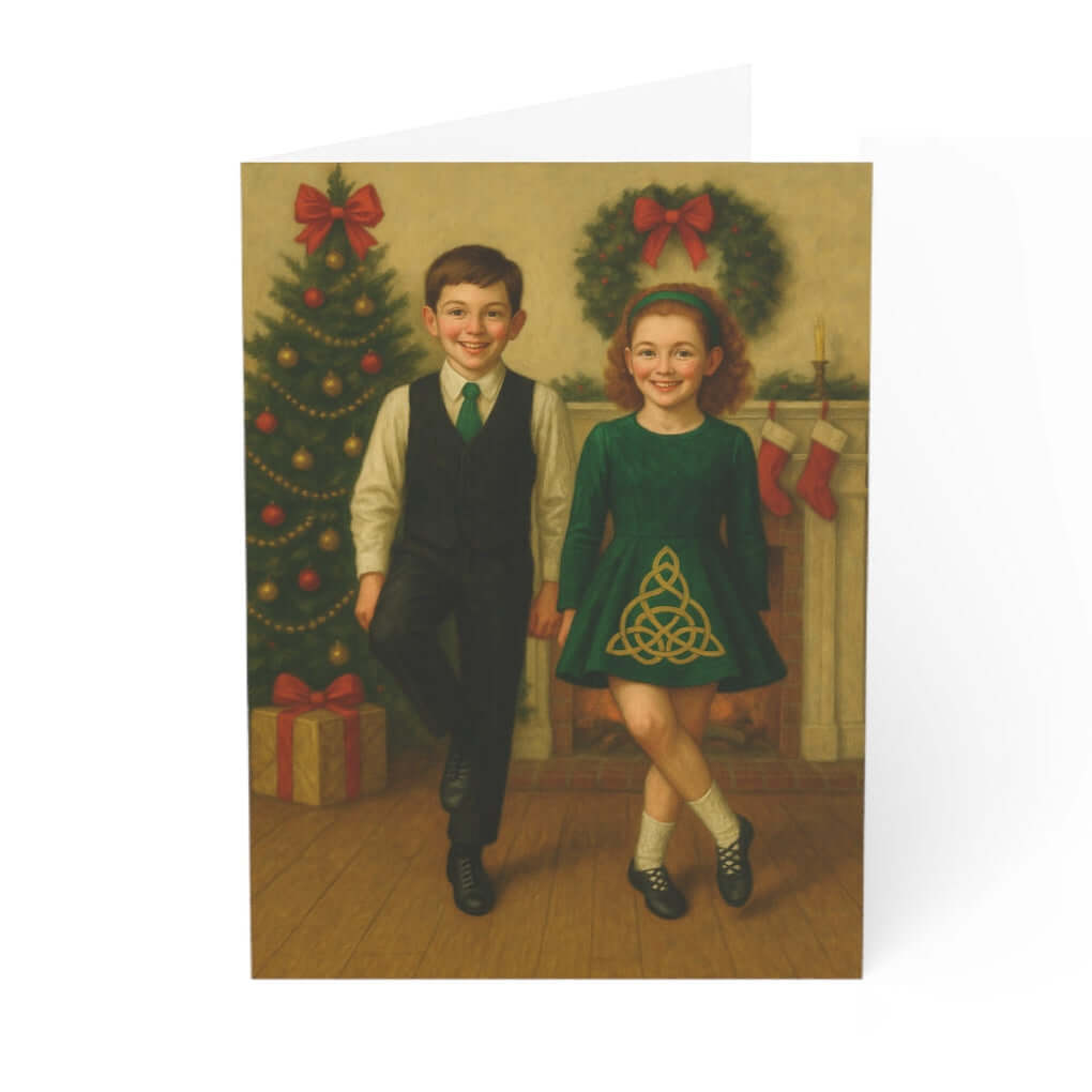 Irish dance Christmas card, holiday greeting card for Irish dancers, feis holiday card, Celtic Christmas card, Irish dance teacher gift, stationery for Irish dance families, Oireachtas card, Christmas card with Irish dancers, cultural holiday card, Irish dance school merchandise, premium Christmas card for dancers, holiday jig card