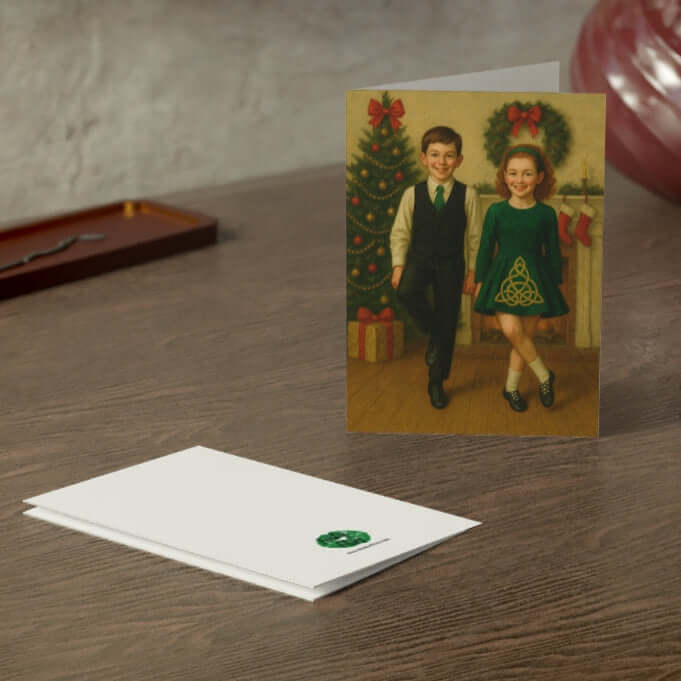 Irish dance Christmas card, holiday greeting card for Irish dancers, feis holiday card, Celtic Christmas card, Irish dance teacher gift, stationery for Irish dance families, Oireachtas card, Christmas card with Irish dancers, cultural holiday card, Irish dance school merchandise, premium Christmas card for dancers, holiday jig card