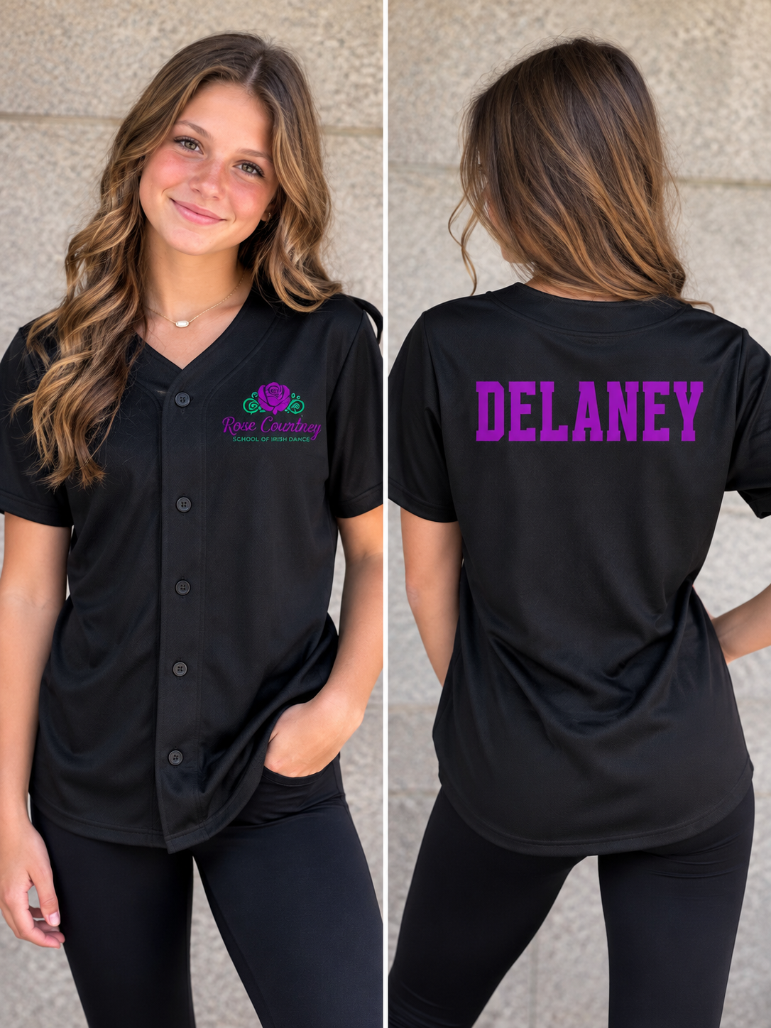 A woman shown in front and back views wearing a black short-sleeve button-front top. The front has a small purple rose logo with the text 'Rose Country' on the left chest.