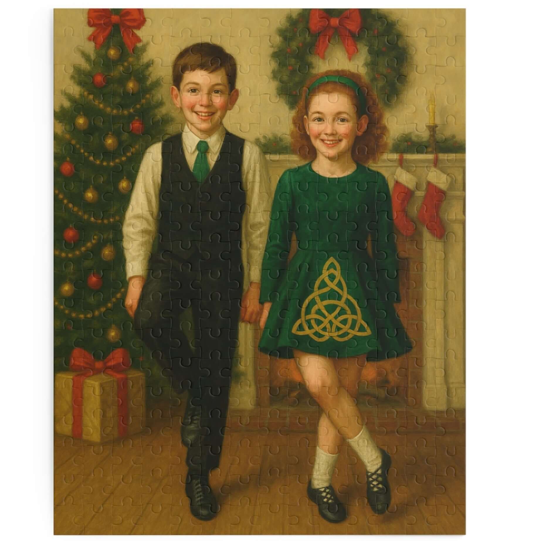 Irish dance puzzle, holiday puzzle gift, Christmas Irish dance décor, cozy family puzzle, cultural Christmas puzzle, Irish dancer holiday gift, Irish dance school fundraiser, puzzle for feis family, soft shoe dancer puzzle, Celtic Christmas gift, Christmas gift for Irish dancers, festive dance puzzle, Irish dance school spirit wear, holiday activity for kids and parents