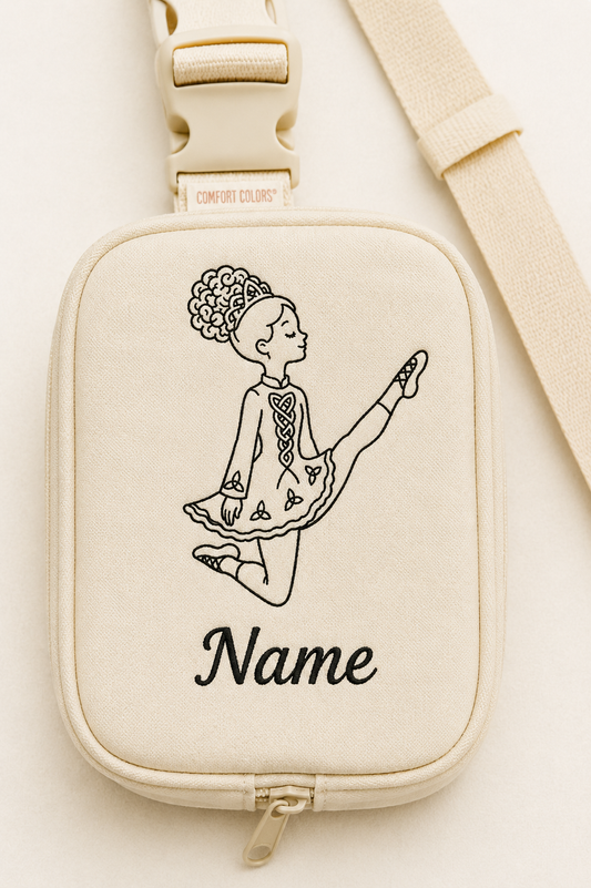 personalized Irish dancer bag, custom Irish dance bag, embroidered Irish dancer sling bag, Irish dance accessories, personalized dance bag, Irish dancer gift, feis travel bag, Irish dance competition bag, custom dancer name bag, Irish dance school gift, dancer sling bag, Irish dance team gear, personalized Irish dance apparel accessories.