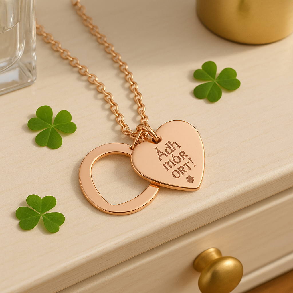 Irish good luck necklace for women, Gaelic engraved jewelry gift, Ádh mór ort necklace meaning, Irish blessing jewelry for her, Celtic heart necklace gift idea, Irish heritage jewelry for teens, good luck Irish charm necklace, delicate heart cutout necklace, minimalist sentimental jewelry gift
