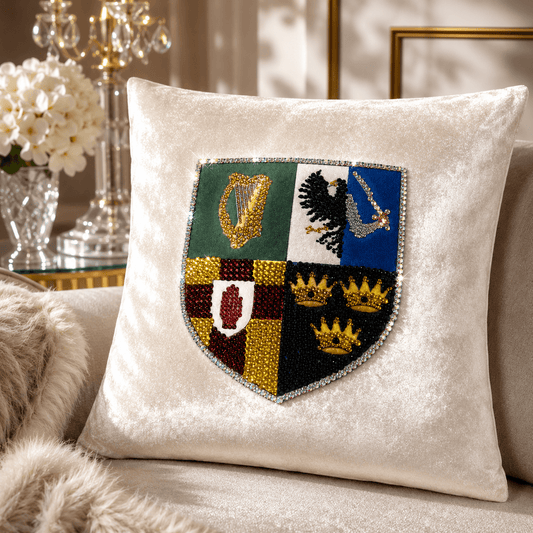 Irish velvet throw pillow with hand bedazzled four provinces crest design
Celtic home décor pillow cover with rhinestone Ireland shield artwork
Luxury ivory velvet Irish pillow cover with sparkling handmade embellishments
Four Provinces of Ireland decorative pillow cover with crystal detailing