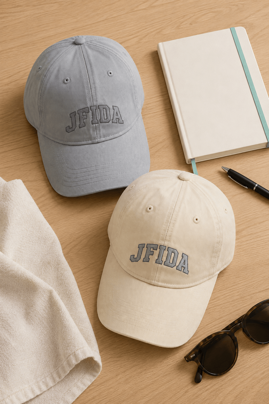 Two baseball caps with 'JFIDA' embroidery are arranged on a light wood tabletop with a notebook, pen, sunglasses, and a folded cream towel. One cap is light gray and the other is cream, both with dark gray embroidered lettering.
