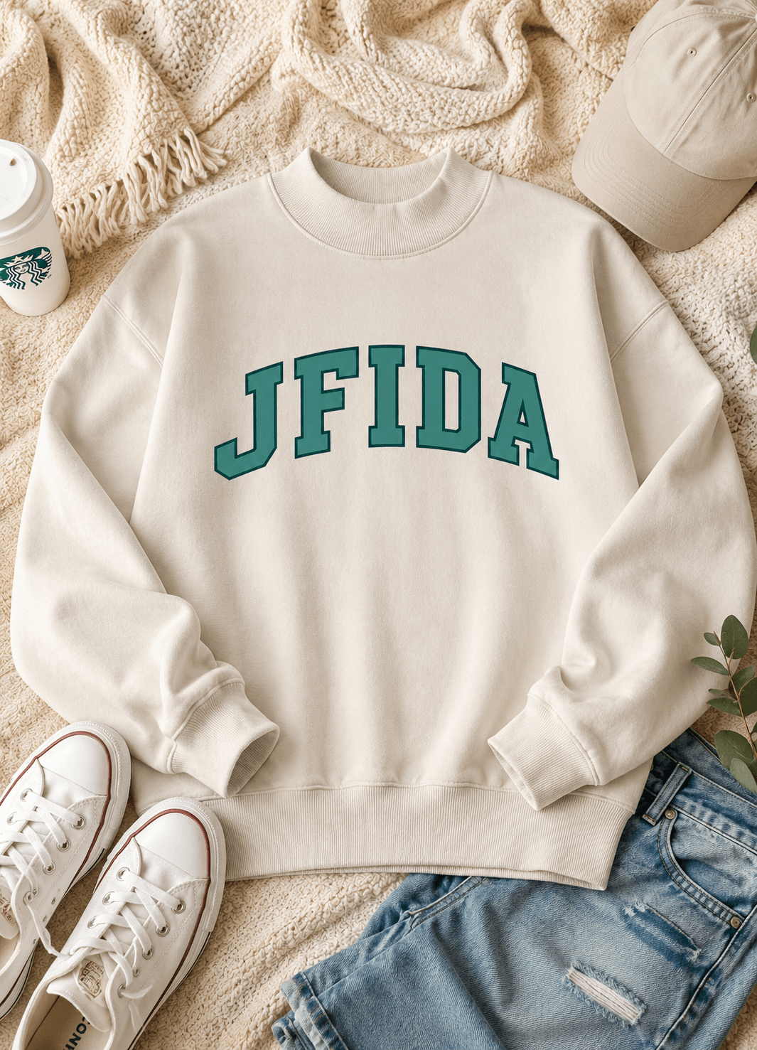 An off-white crewneck sweatshirt with 'JFIDA' printed in teal varsity letters across the chest, styled in a flat lay with white sneakers, a cap, jeans, and a Starbucks cup on a beige knit blanket.