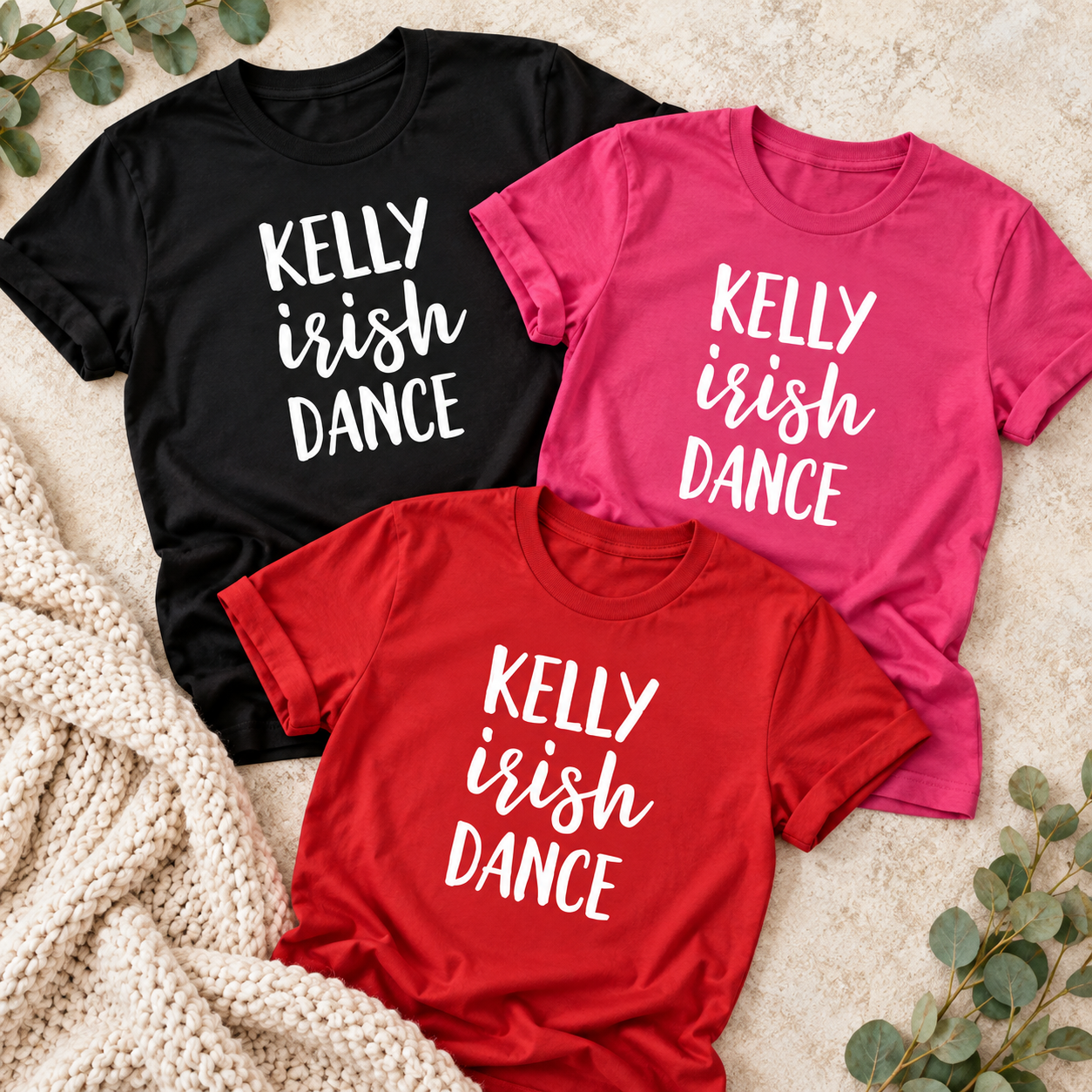 Kelly Irish Dance tees in black, berry and red with white script, KSID school shirts