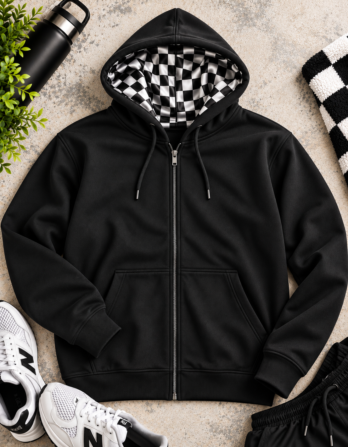 A black zip-up hoodie laid flat on a textured light surface, with a black-and-white checkered hood lining visible. White New Balance sneakers, a black water bottle, greenery, and a black-and-white striped textile are arranged around it as styling props.