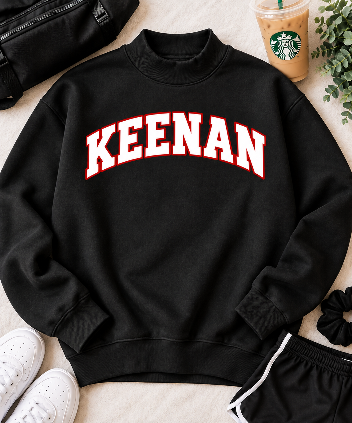 Keenan mockneck sweatshirt, black with white and red lettering
