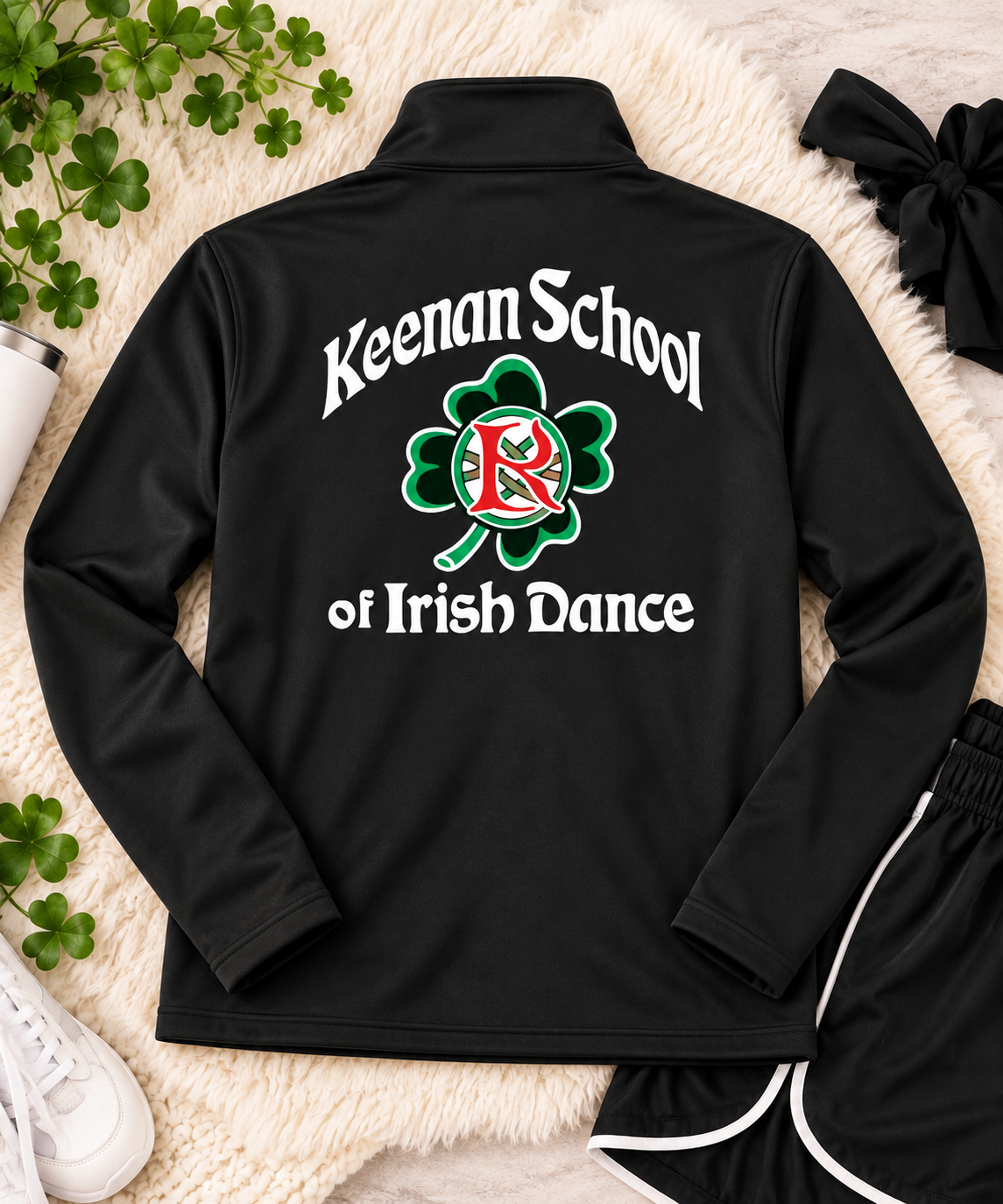 Keenan School of Irish Dance black performance quarter zip with school logo, Irish dance school apparel