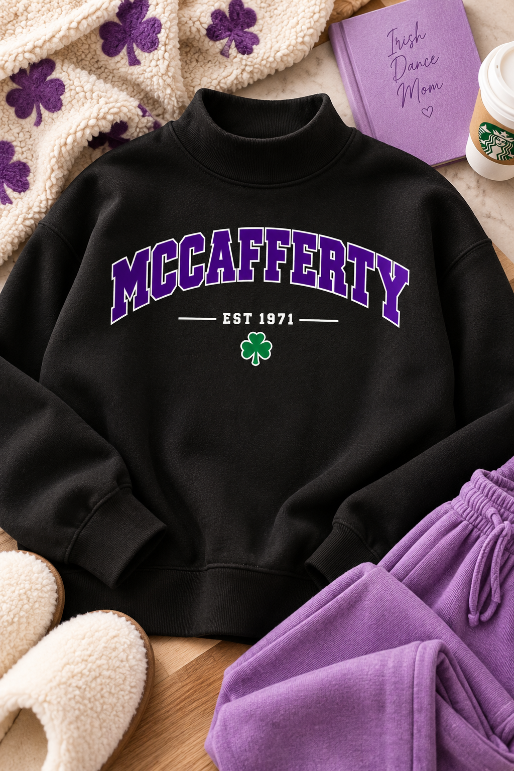 A black mock-neck sweatshirt with 'MCCAFFERTY EST 1971' printed in purple varsity letters and a green shamrock, styled in a cozy flat-lay with purple sweatpants, a purple notebook, and cream slippers.