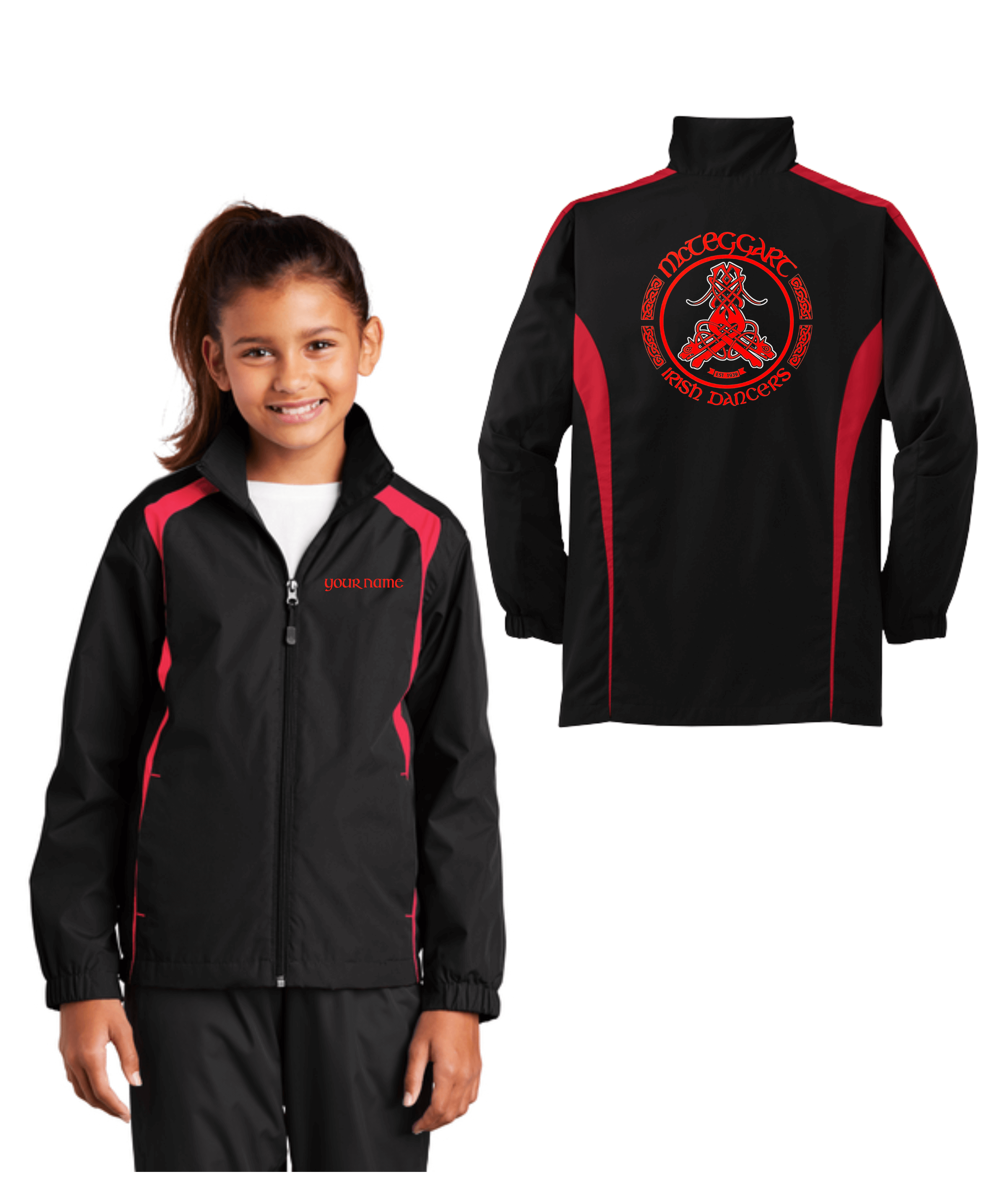 McTeggart Jacket, Irish Dance School Gear, Irish Dance Uniform, custom Irish dance team jackets for competition, spirit wear for Irish dancers with school logo,