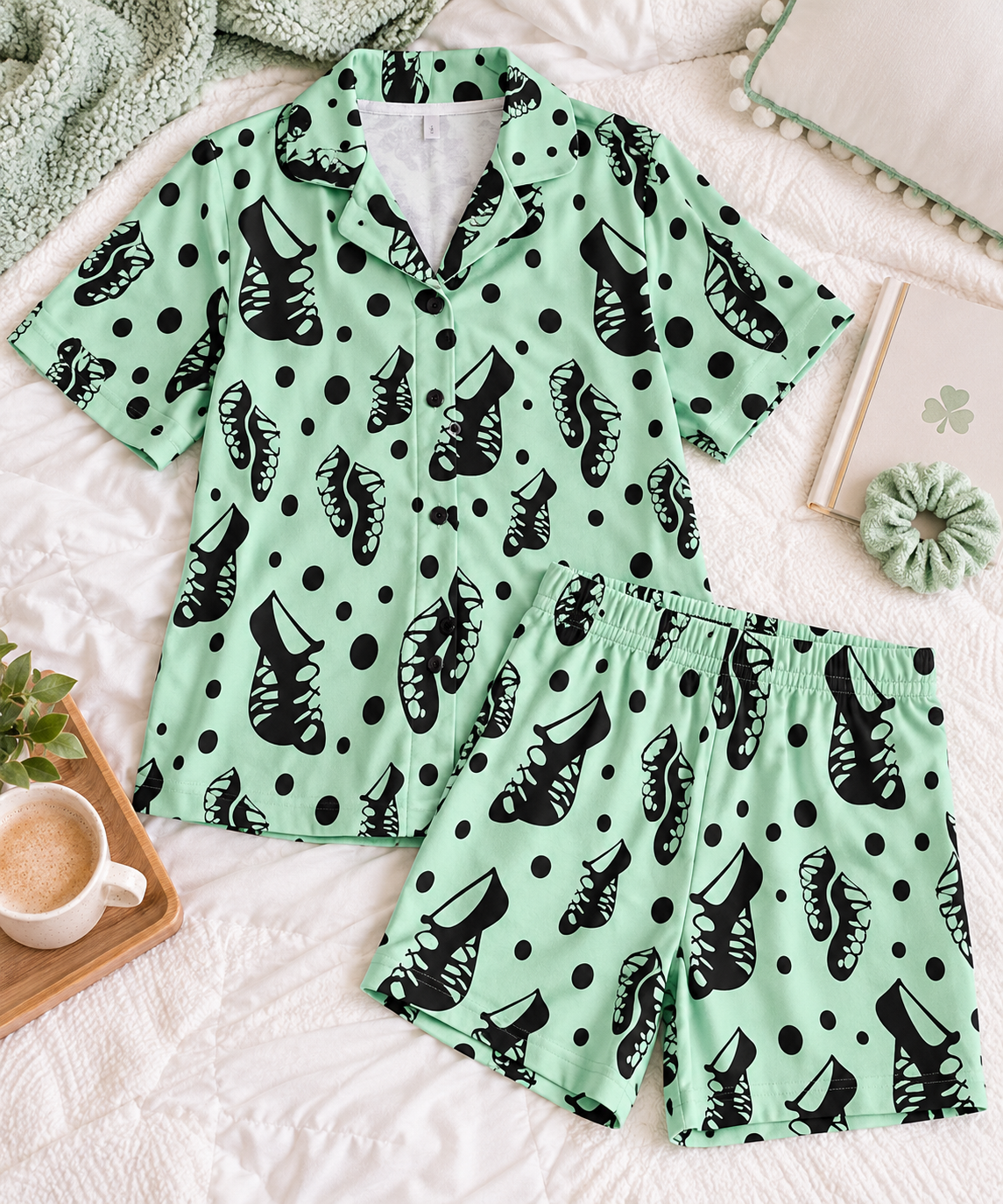 Women's mint green polka dot and ghillie print short pajama set – Irish dance mom pajamas