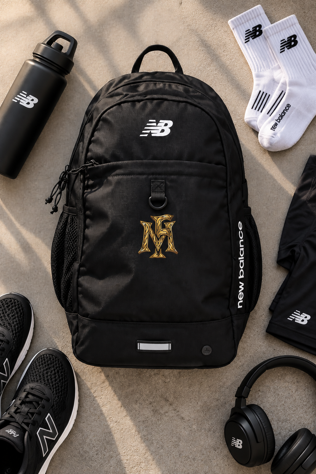 A black New Balance backpack with a gold embroidered 'MF' monogram on the front, styled in a flat lay with athletic socks, running shoes, headphones, and a water bottle on a concrete surface.