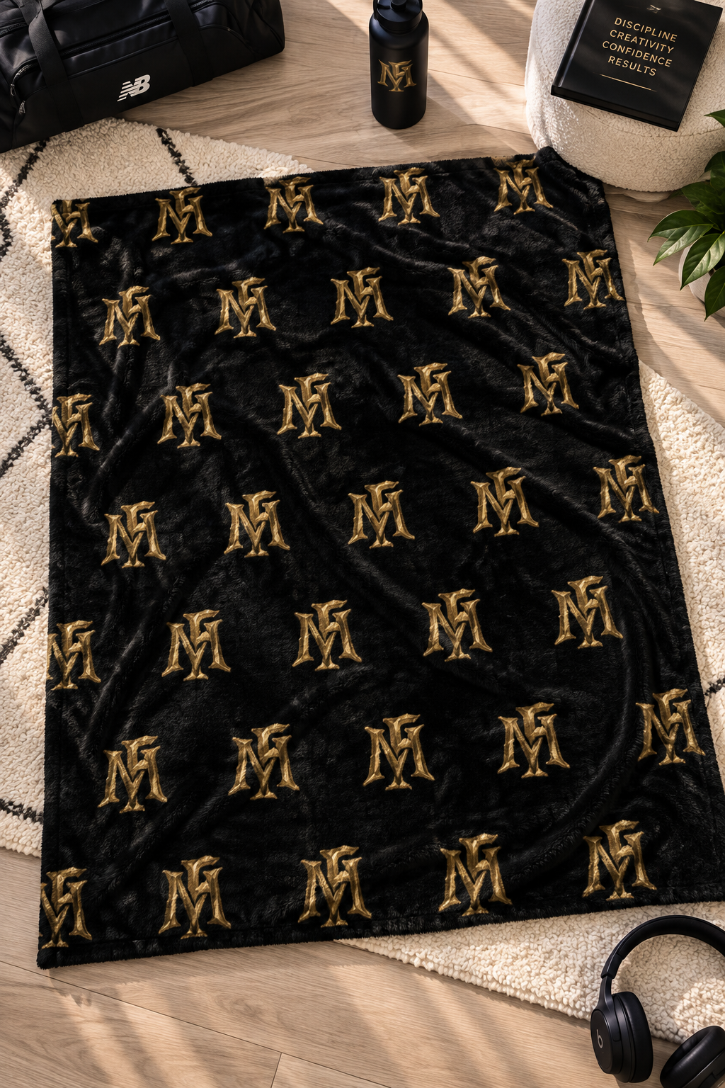 A black fleece throw blanket with a repeating gold embroidered 'M' pattern, laid flat on a light wood floor surrounded by cozy home decor props like a camera, headphones, and a plant.
