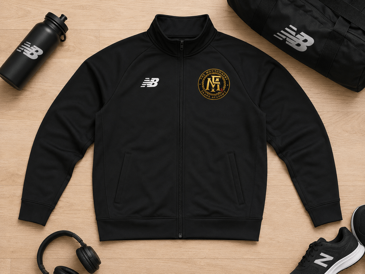 Custom Irish Dance School Apparel, A black New Balance full-zip track jacket laid flat on a light wood surface, surrounded by matching black lifestyle props including a water bottle, duffel bag, headphones, and sneakers. The jacket features a white New Balance logo on the right chest and a gold and black club crest on the left chest.