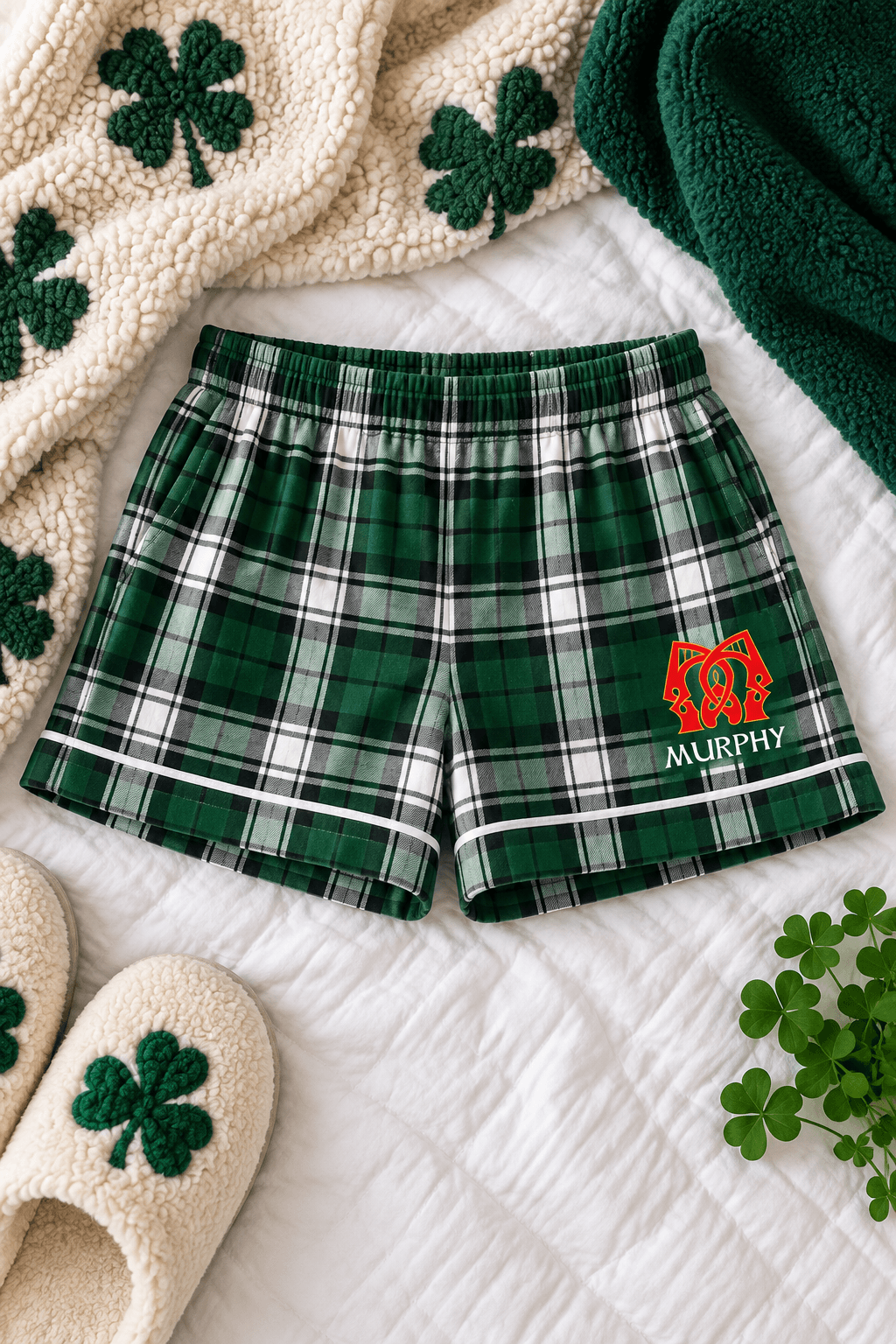 Green and white plaid shorts with a red embroidered crest and the name 'MURPHY' on the left leg, styled on a white quilted blanket with shamrock slippers, a knit blanket, and a green throw.