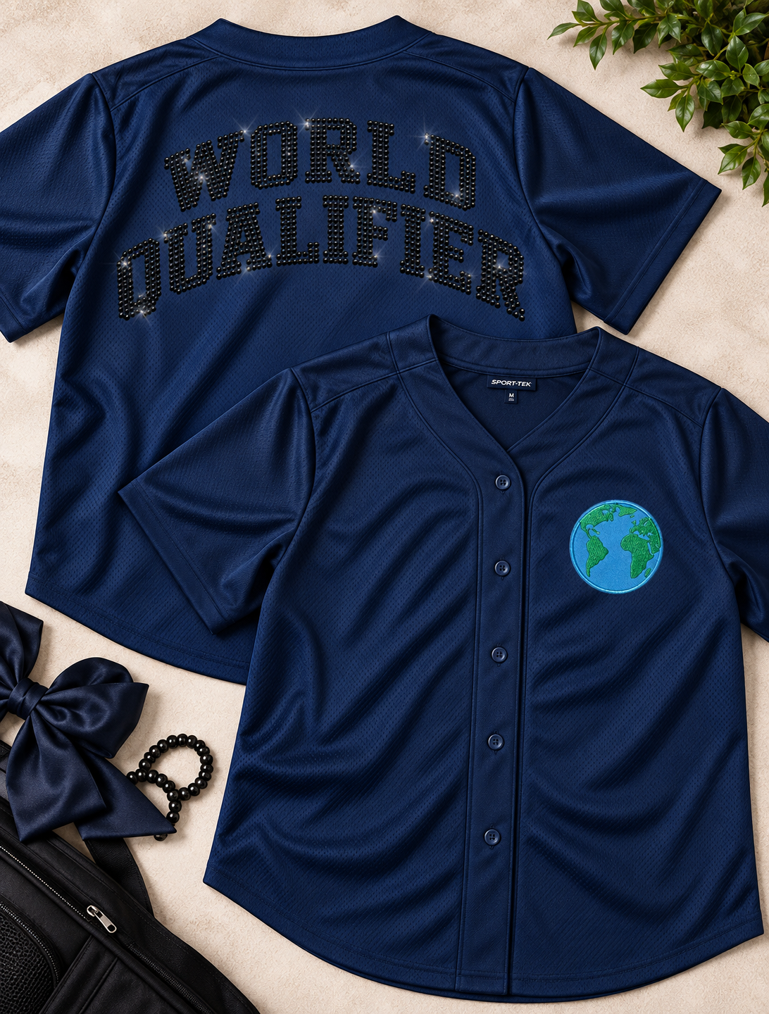 Navy World Qualifier baseball jersey flat lay with embroidered globe patch – Irish dance apparel