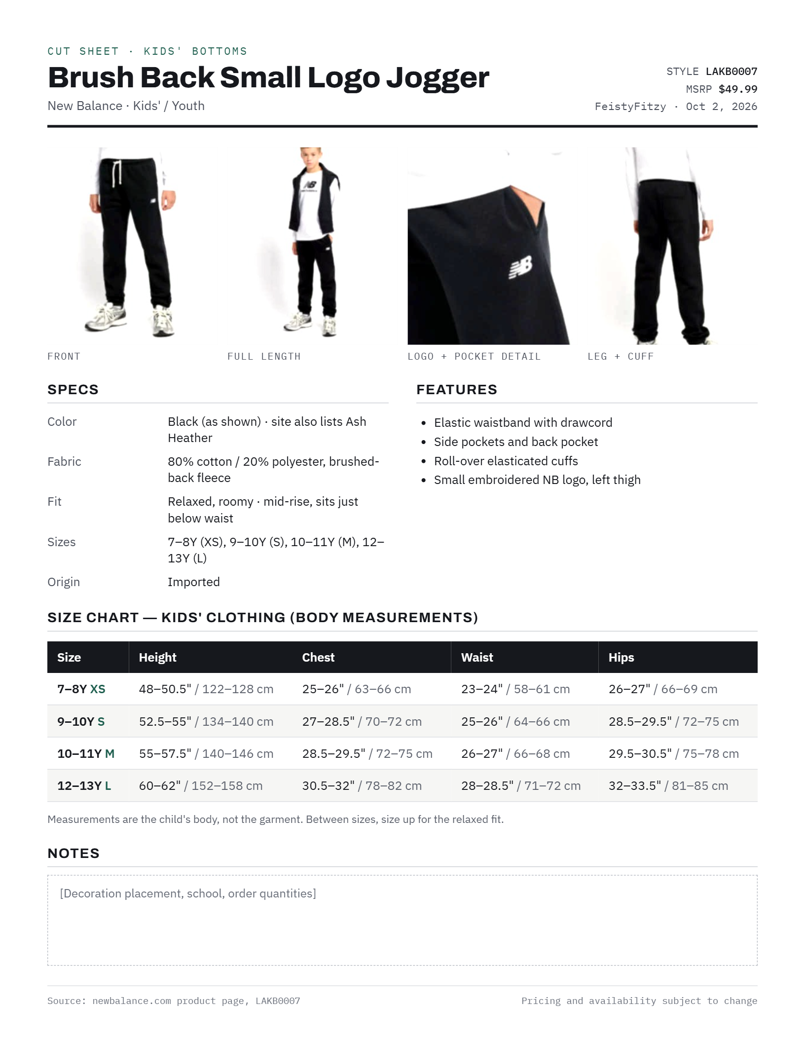 New Balance Youth Joggers size chart for Irish dance apparel
