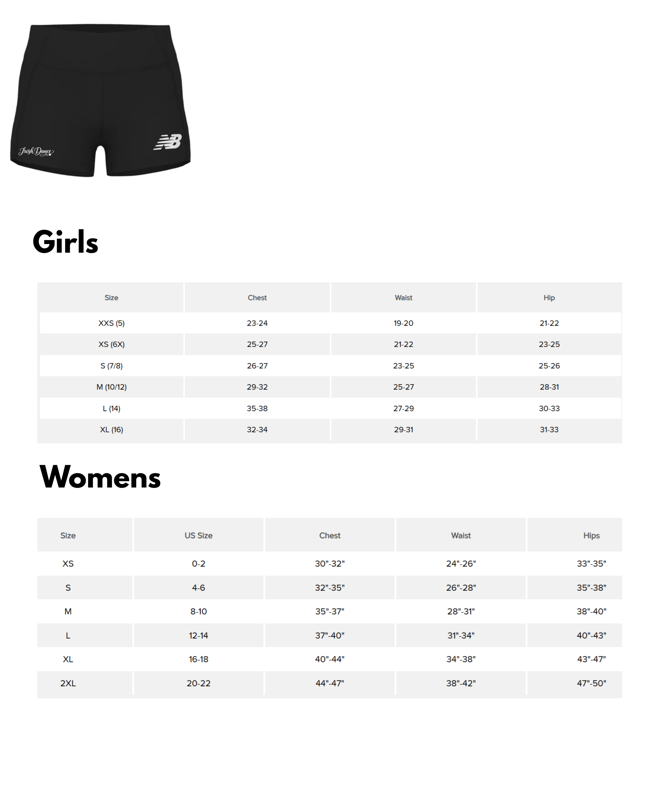 New Balance Youth Shorts size chart for Irish dance apparel