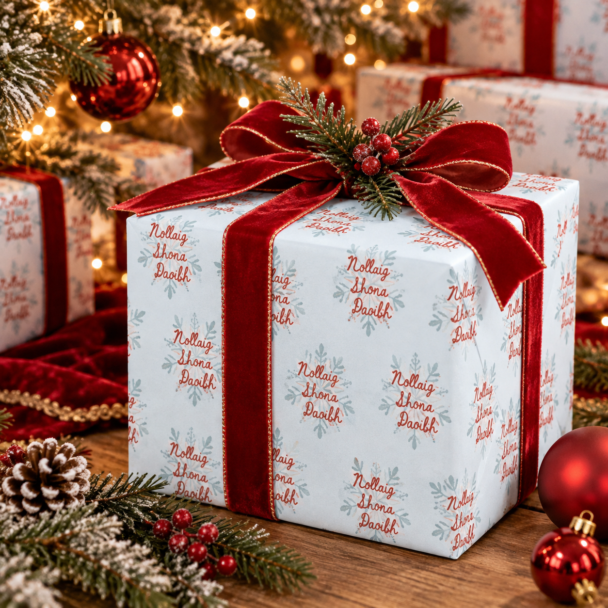 Nollaig Shona Daoibh Gaelic Christmas wrapping paper with snowflakes on light blue