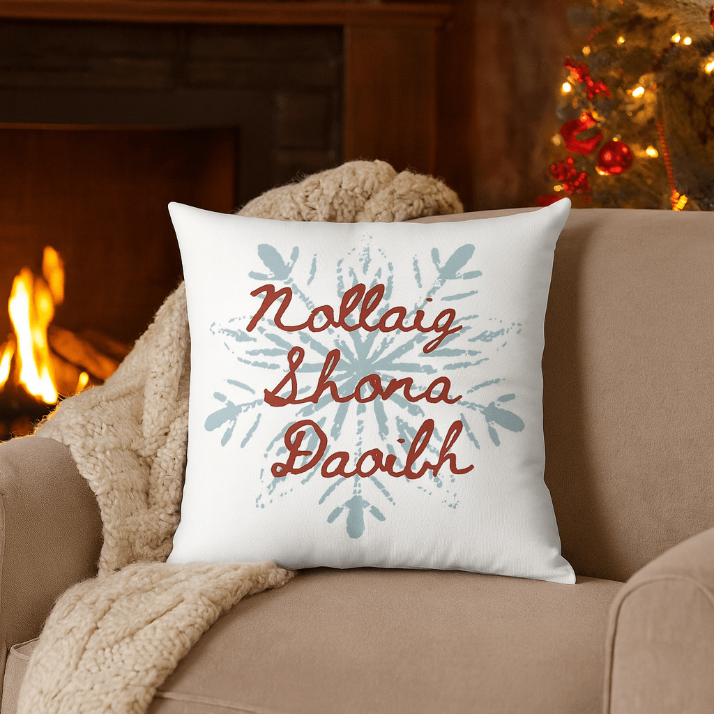 Nollaig Shona Daoibh pillow, Irish Christmas décor, blue snowflake throw pillow, Gaelic Christmas gift, festive Irish home decor, Celtic holiday pillow, Christmas couch pillow, Irish holiday accent, cozy Irish Christmas cushion, personalized Irish Christmas gift