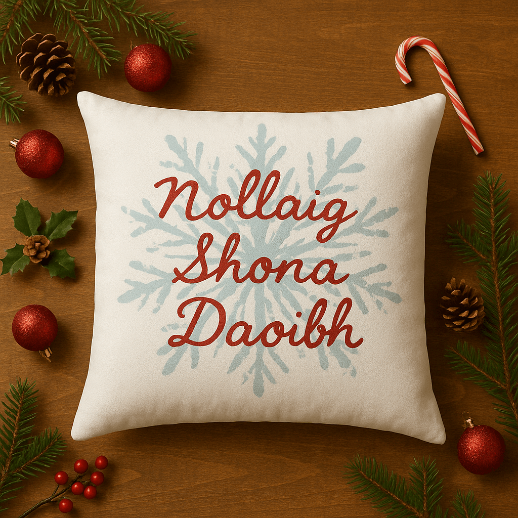 Nollaig Shona Daoibh pillow, Irish Christmas décor, blue snowflake throw pillow, Gaelic Christmas gift, festive Irish home decor, Celtic holiday pillow, Christmas couch pillow, Irish holiday accent, cozy Irish Christmas cushion, personalized Irish Christmas gift
