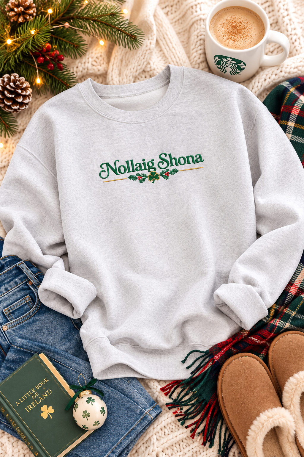 A light gray crewneck sweatshirt with 'Nollaig Shona' and a holly graphic printed on the chest, styled in a cozy flat-lay arrangement with jeans, slippers, a Starbucks cup, and holiday decorations.