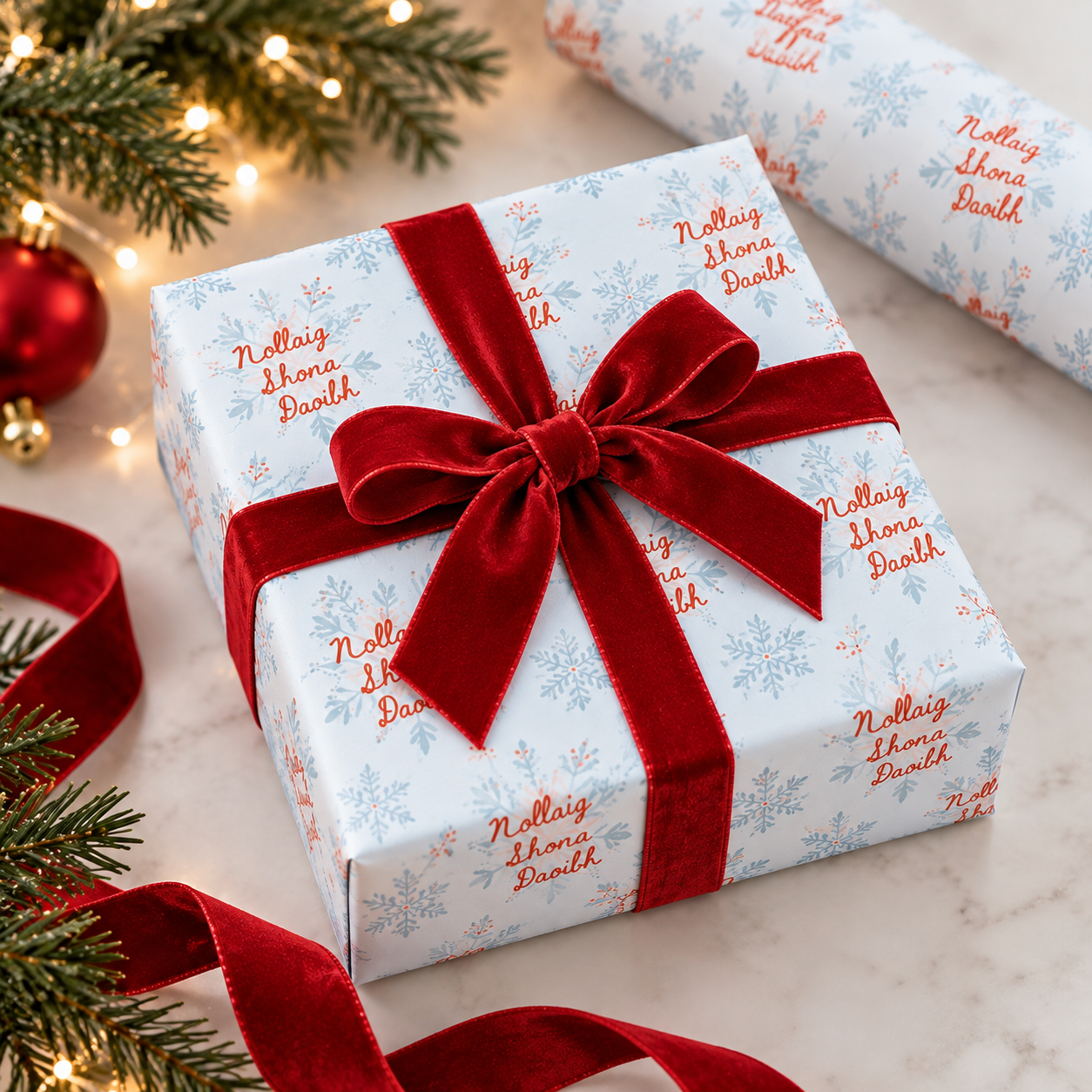 Christmas gift wrapped in Nollaig Shona Daoibh Irish Christmas wrapping paper