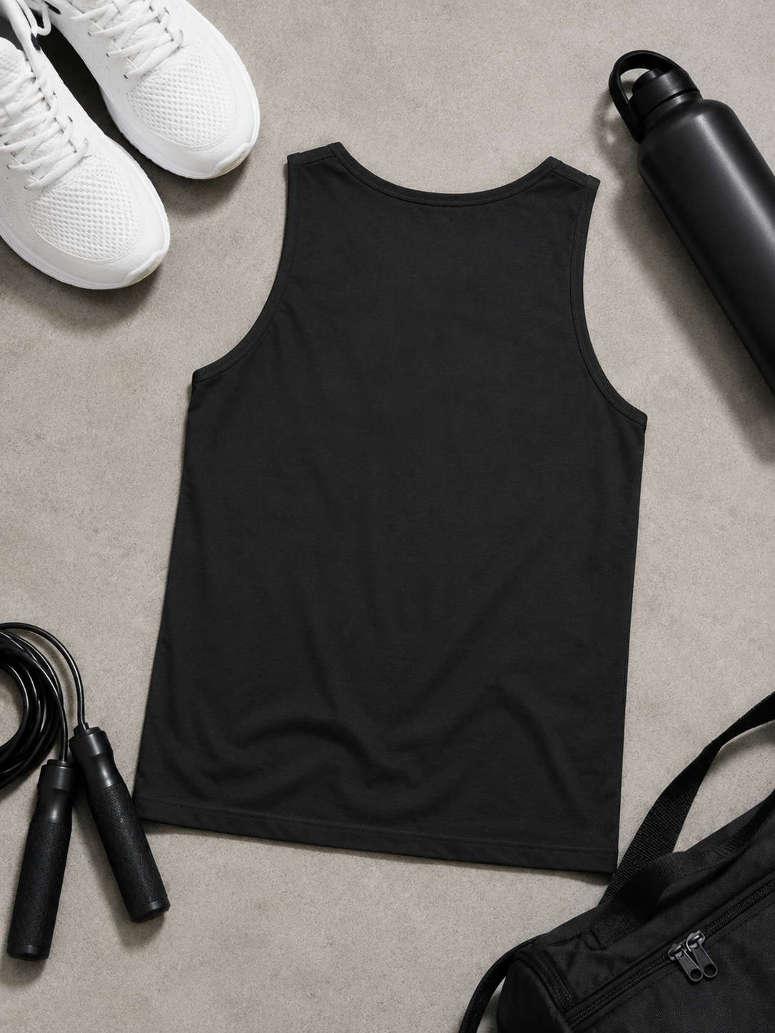 A black sleeveless athletic tank top laid flat on a light gray textured surface, surrounded by white sneakers, a black water bottle, a jump rope, and a black bag.