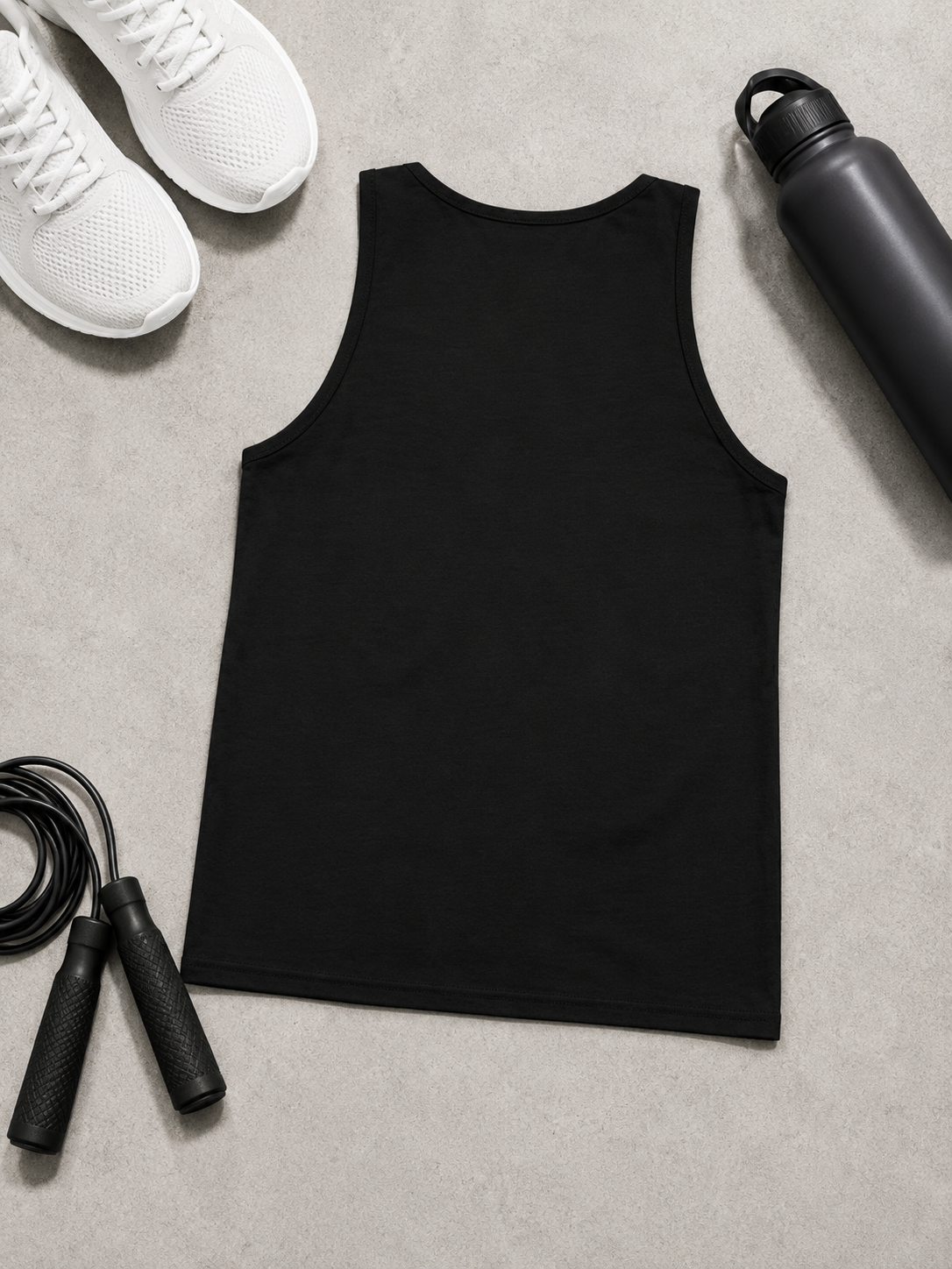 A black sleeveless tank top laid flat on a light gray textured surface, surrounded by white sneakers, a black water bottle, a black jump rope, and a black earbud case.