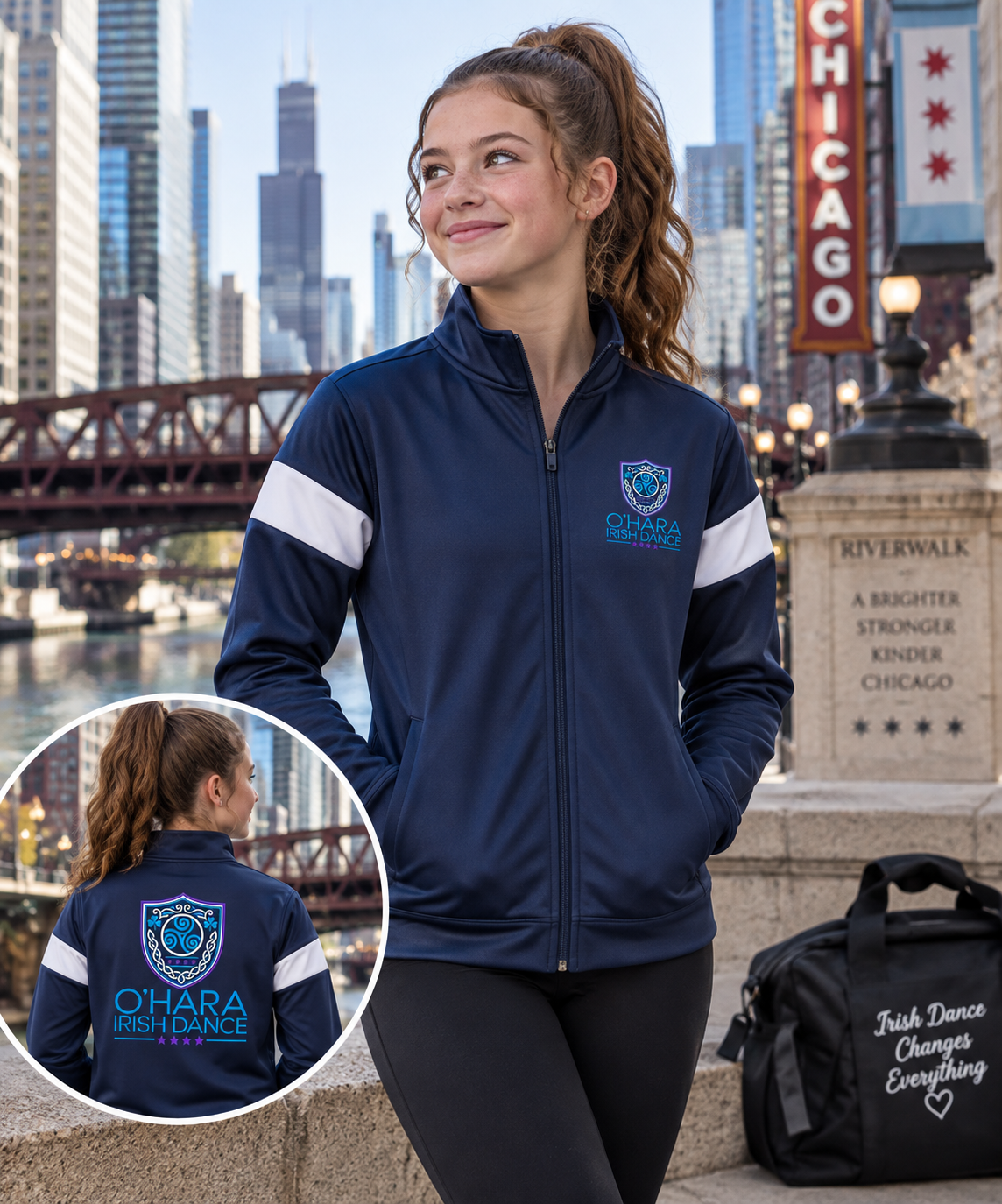 A woman wearing a navy blue zip-up athletic jacket with white sleeve stripes and a blue/white OHARA Irish Dance logo, standing outdoors in front of a Chicago riverfront skyline. A circular inset shows the back of the jacket with the same logo.