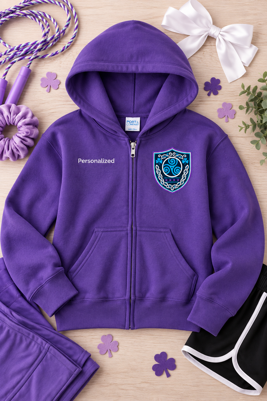 Front of the purple O'Hara youth zip hoodie with printed school crest on the left chest and personalized name on the right chest