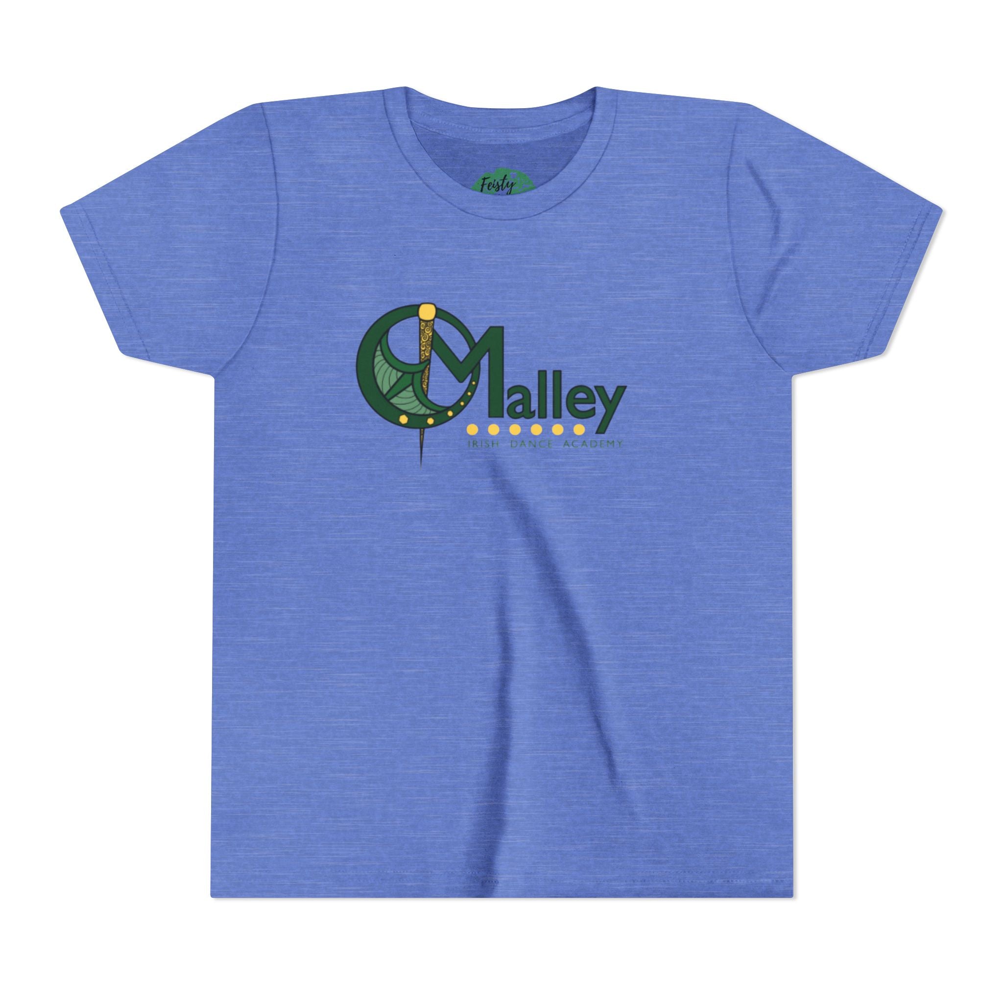 A heather blue short-sleeve t-shirt with a 'Malley' graphic on the chest, featuring a green peace sign and yellow stars, displayed on a solid white background.