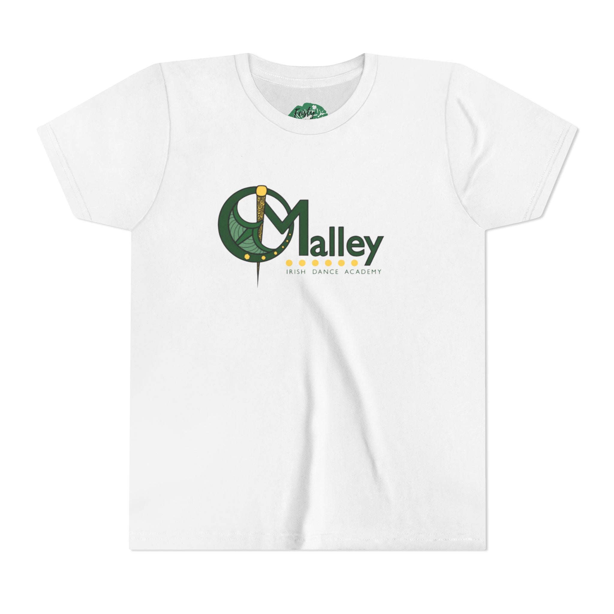 A white short-sleeve crewneck t-shirt featuring a green and gold graphic on the chest that reads 'Malley Irish Dance Academy' with a stylized letter 'M' and sword design.