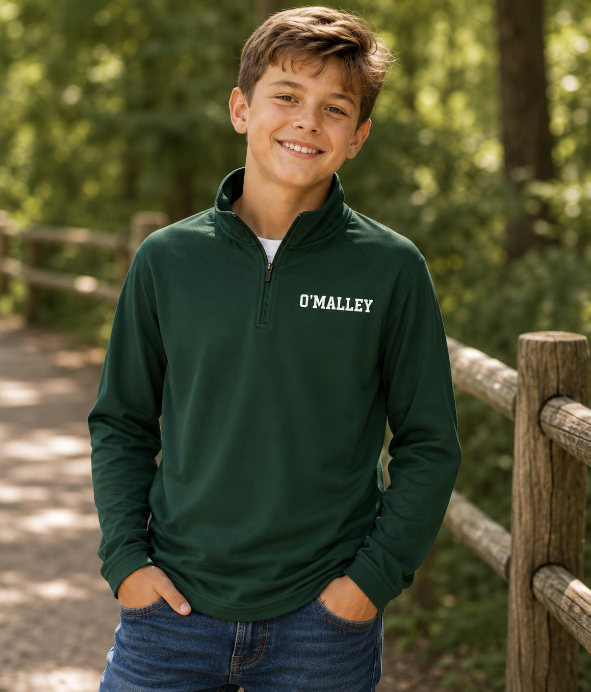 A smiling young boy wearing a dark green quarter-zip sweatshirt with 'O'MALLEY' printed in white on the chest, standing outdoors in a wooded setting next to a wooden fence.