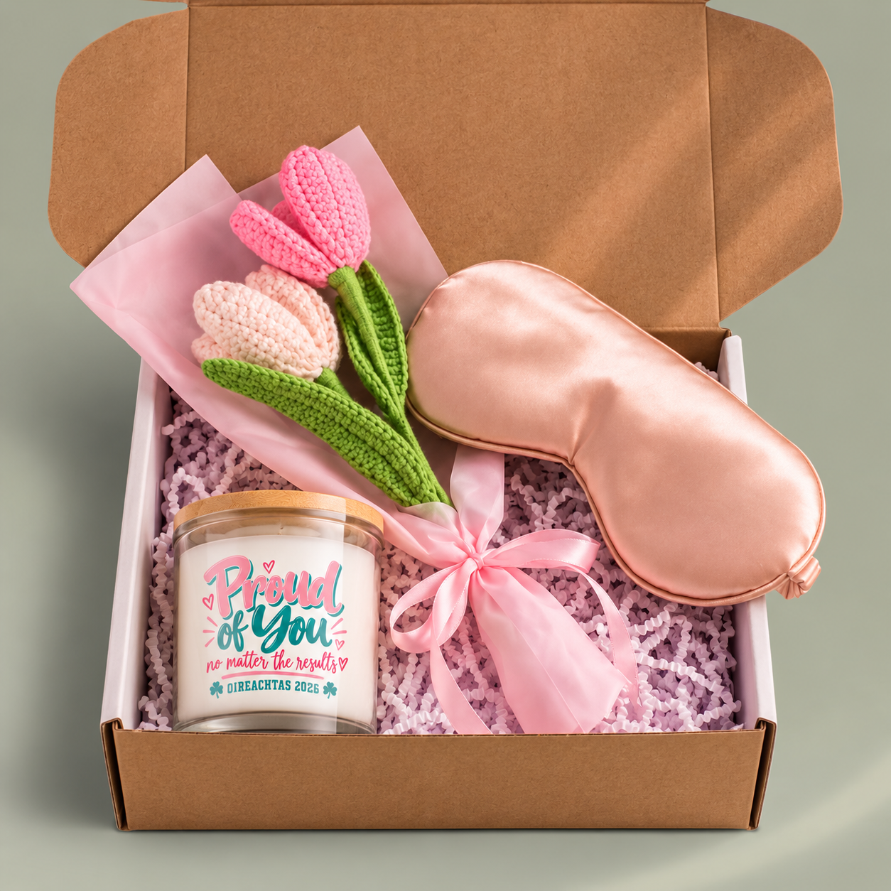 Proud of You Oireachtas 2026 gift box with lavender candle, satin sleep mask and crochet tulips – Irish dance gift