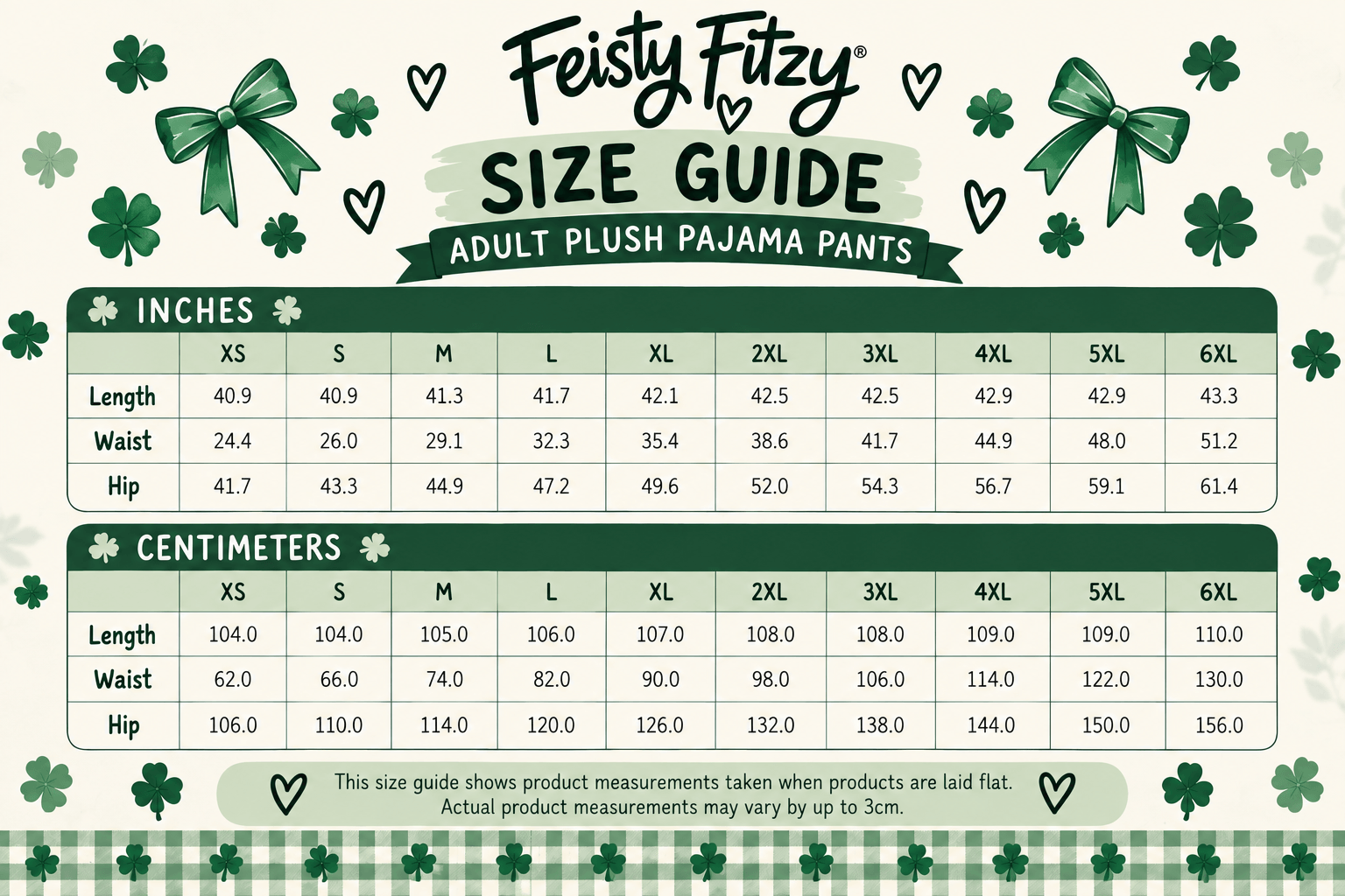 Pajama Pants size chart for Irish dance apparel