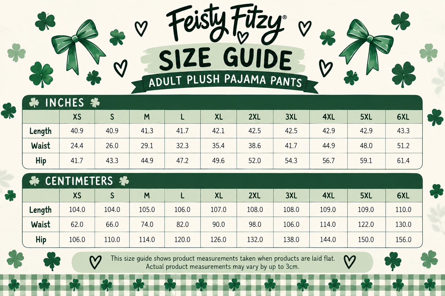 Size guide for adult Highland cow pajama pants, sizes XS to 6XL