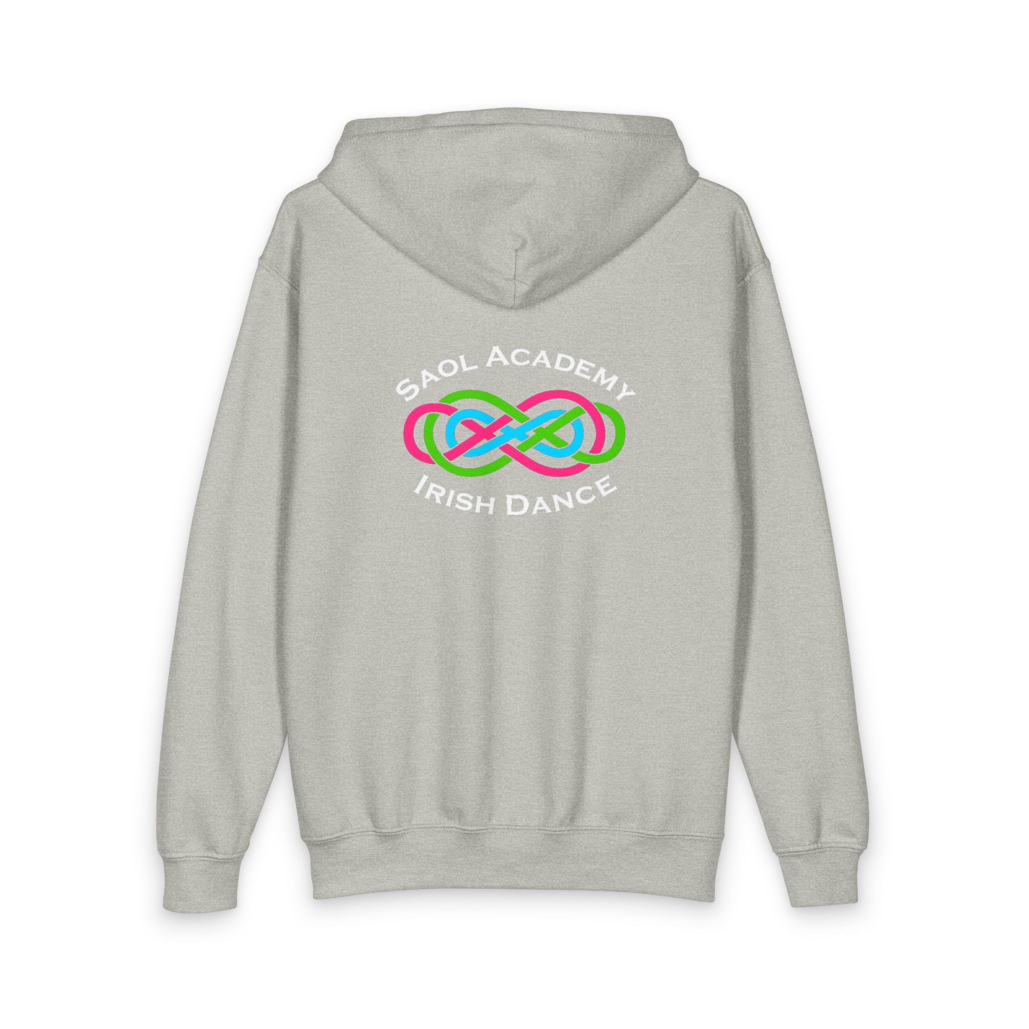 A light gray heather pullover hoodie shown from the back, featuring a colorful graphic of interlocking pink, blue, and green loops with the text 'SAOL ACADEMY IRISH DANCE' in white.