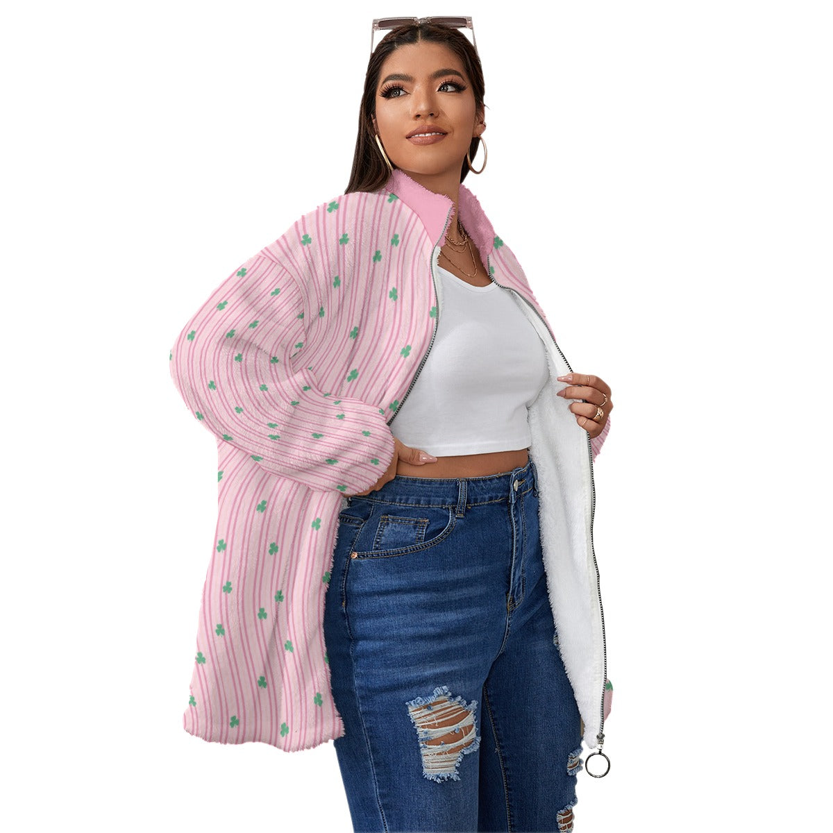 Shamrock Sweatshirt, Plus Size Irish Jacket, Pink Fleece Jacket, Plus Size Cute