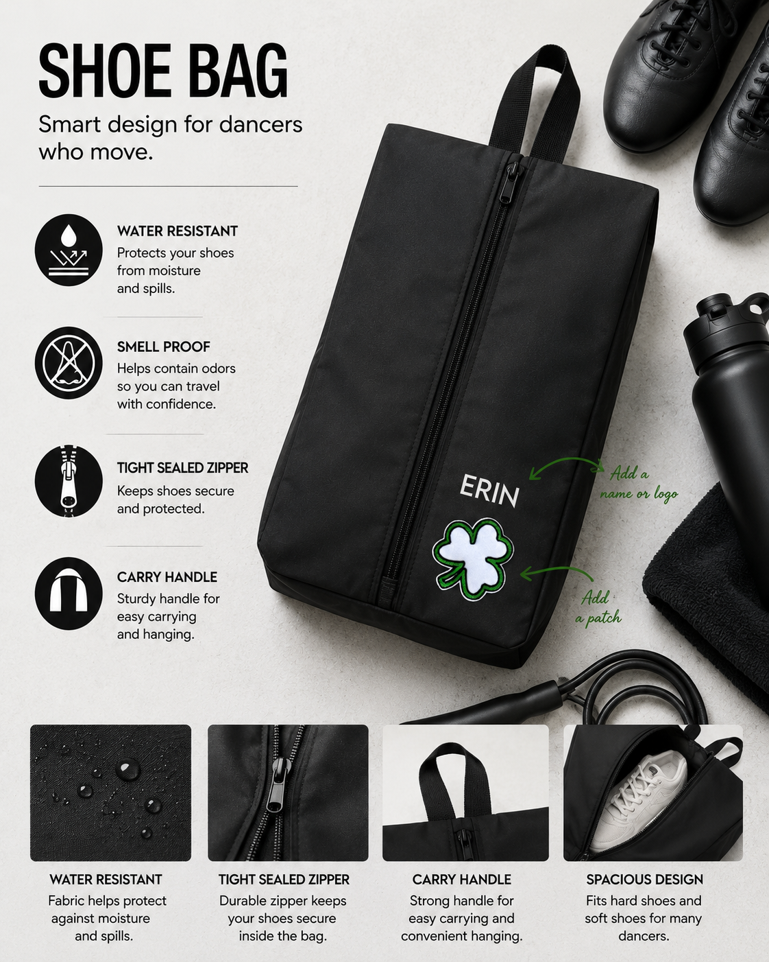 A black shoe bag with a white embroidered 'ERIN' name patch, shown on a light gray background with product feature callouts and close-up inset photos of the bag's water resistance, zipper, and handle.