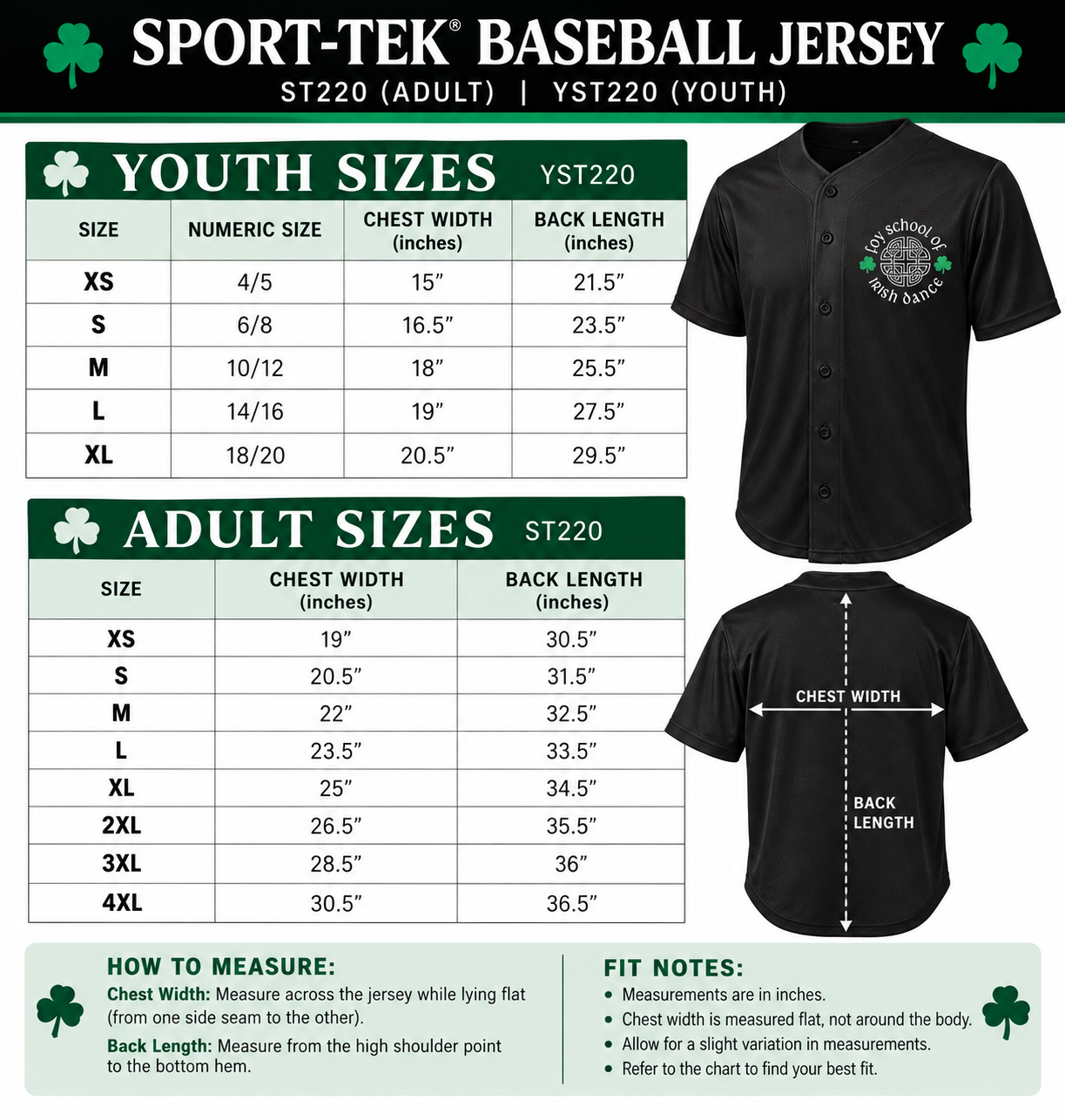 Sport-Tek baseball jersey youth and adult size chart