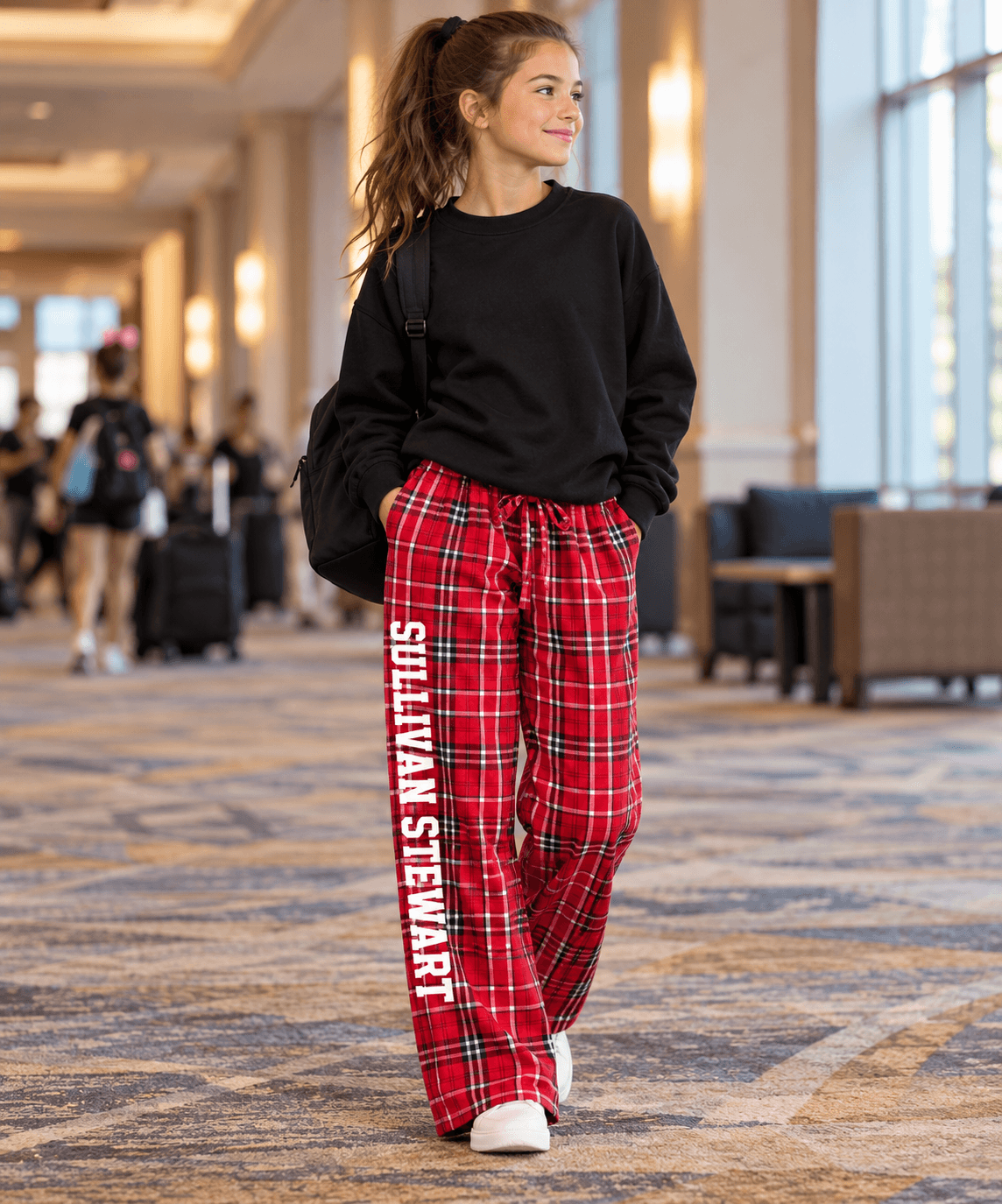Sullivan Stewart Irish dance flannel pants with varsity lettering down the leg