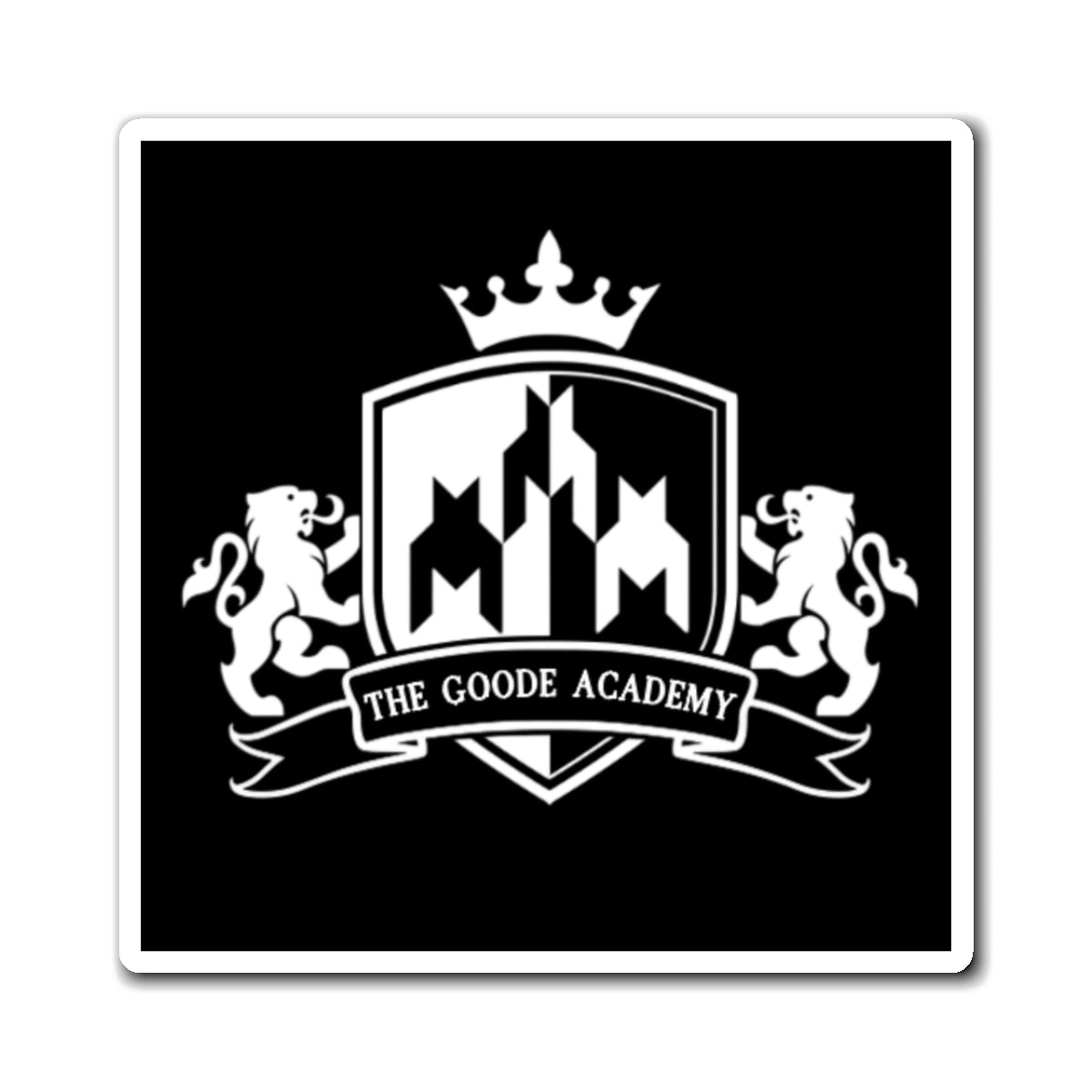 A square black item with rounded corners featuring a white crest design and the text 'THE GOODE ACADEMY' on a ribbon banner, shown on a white background.