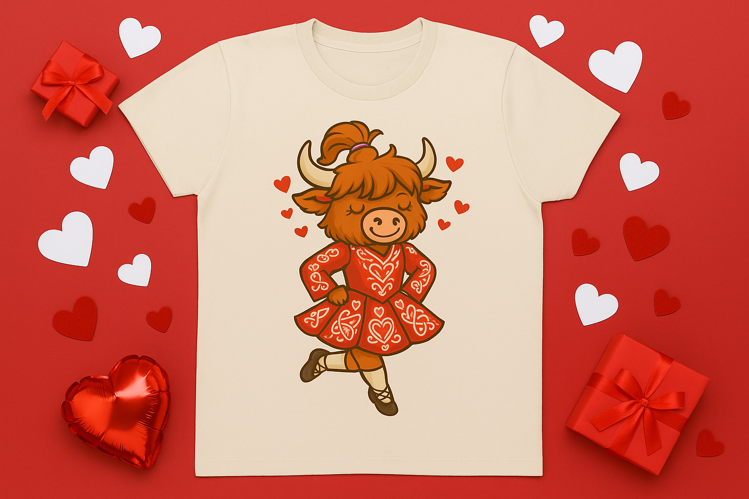 Valentine’s Day kids outfit, Irish dance cow shirt, Highland cow kids Valentine top, and cute Valentine graphic tee for dancers,